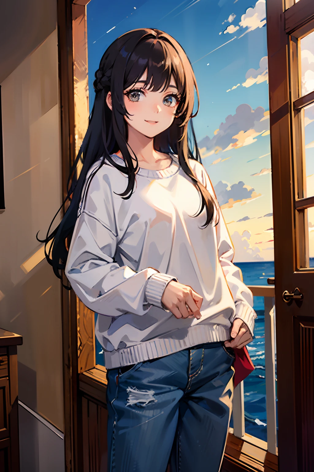 Garota jovem bonita, muito bonita, illuminated scenery, cabelos lisos, franja na altura dos olhos, olhos roxo, sorriso bonito, jovem de 18 anos, garota bonita, sunset scenery, peitos grandes, corpo definido, bonita, cabelo cor castanho, castanho claro, pele parda, cabelo solto, mid hair, cabelo voando ao vento, linos eyes, Character wearing sweatshirt and pants, wearing pink sweater, brown hair
