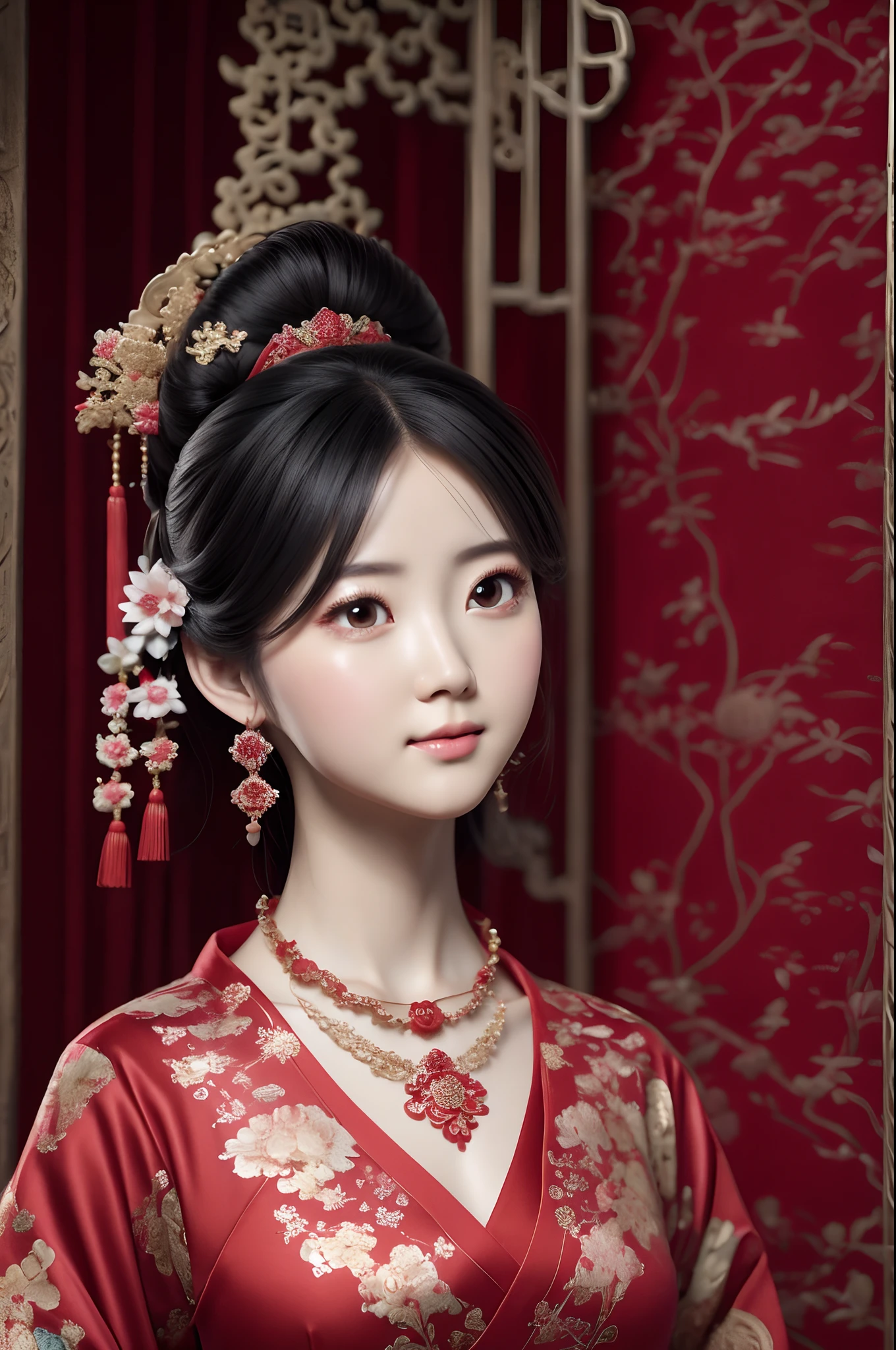 Close-up of a woman wearing a necklace in a red dress, Chinese style, Chinese girl, Beautiful character painting, Guviz-style artwork, Palace ， A girl in Hanfu, Beautiful rendering of the Tang Dynasty, Realistic anime 3 D style, trending on cgstation, 8K high quality detailed art, Princesa chinesa antiga, Chinese woman, Guviz,The background is blurred out,depth of fields