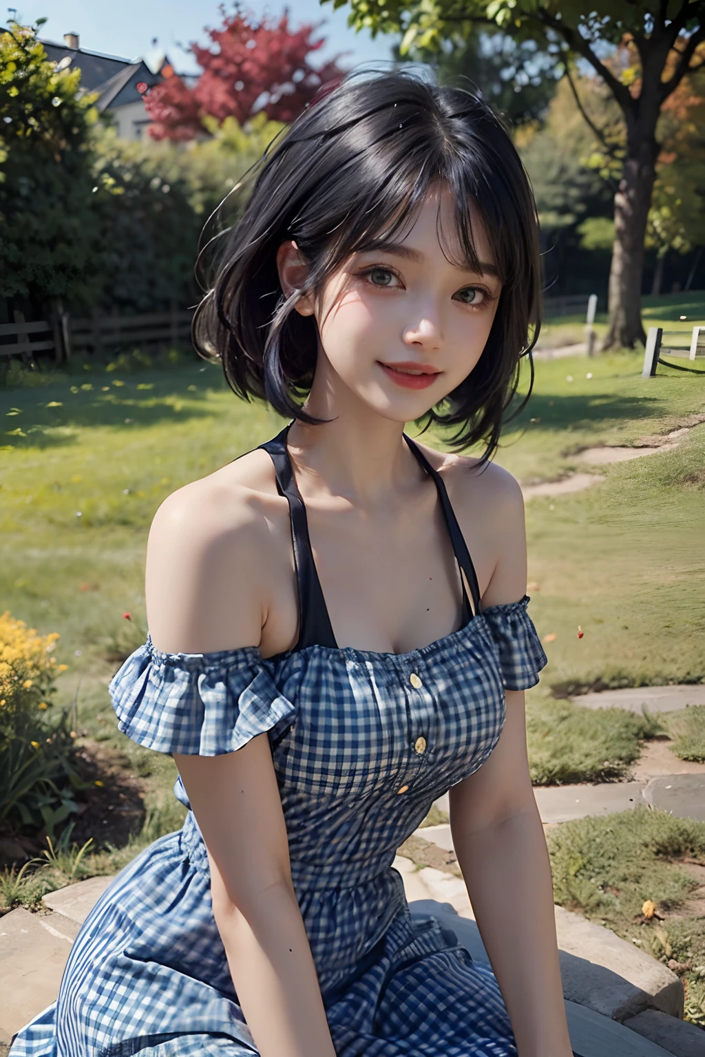 a 20 yo woman、Black blue Hair、poneyTail、Big smile、Blue gingham check dress、full bodyesbian、(hi-top fade:1.3)、dark themed、Muted Tones、Subdued Color、highly contrast、Green meadow background、Have autumn fruits、apple、(natural skin textures、Hyper-Realism、Soft light、sharp)