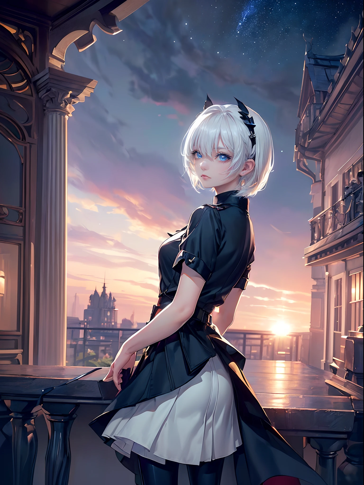 ((4K works))、masterpiece、(top-quality)、One Beautiful Girl、Slim body、tall、((Black Y-shirt and white pants、Charming street style))、(Detailed beautiful eyes)、Stylish English black balcony、Castle inhabited by villains、Black shop window、Balcony at night、((Starry sky in the background))、((dark sky))、((Stylish cityscape))、((Shot on a stylish veranda))、mid night、((Face similar to Carly Rae Jepsen))、((Short-haired white hair))、((Smaller face))、((Neutral face))、((Bright blue eyes))、((American adult women))、((Adult female 26 years old))、((cool lady))、((Like a celebrity))、((Wild look))、((Korean Makeup))、((elongated and sharp eyes))、((Happy dating))、((boyish))、((Upper body photography))、Professional Photos、((Shot alone))、((shot from back))、((Shot so that the back of the head is visible))、((Shot in close proximity to her))、((Focus zoom in))、((She is watching the sunset))、((She standing on the balcony))