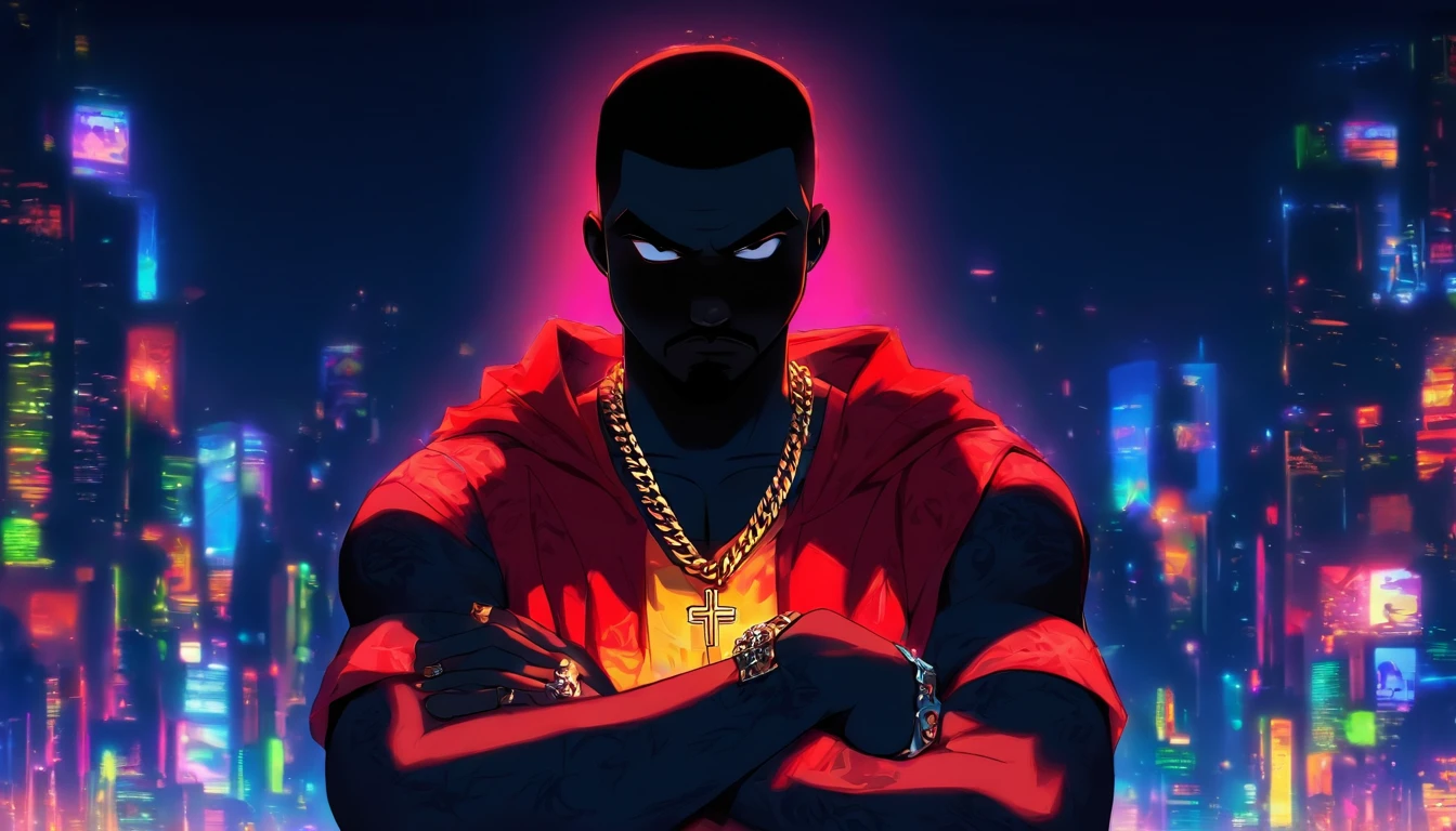 Kanye West with his arms crossed, not shirt, Tatuado, Gold chain around his hip hop style neck, red hair, Sobrancelhas vermelhas, cavanhaque vermelho, GTAV Estilo dos desenhos animados, com fundo vermelho, com raios azuis, estilo dos desenhos animados, foco no fundo dos desenhos animados.
