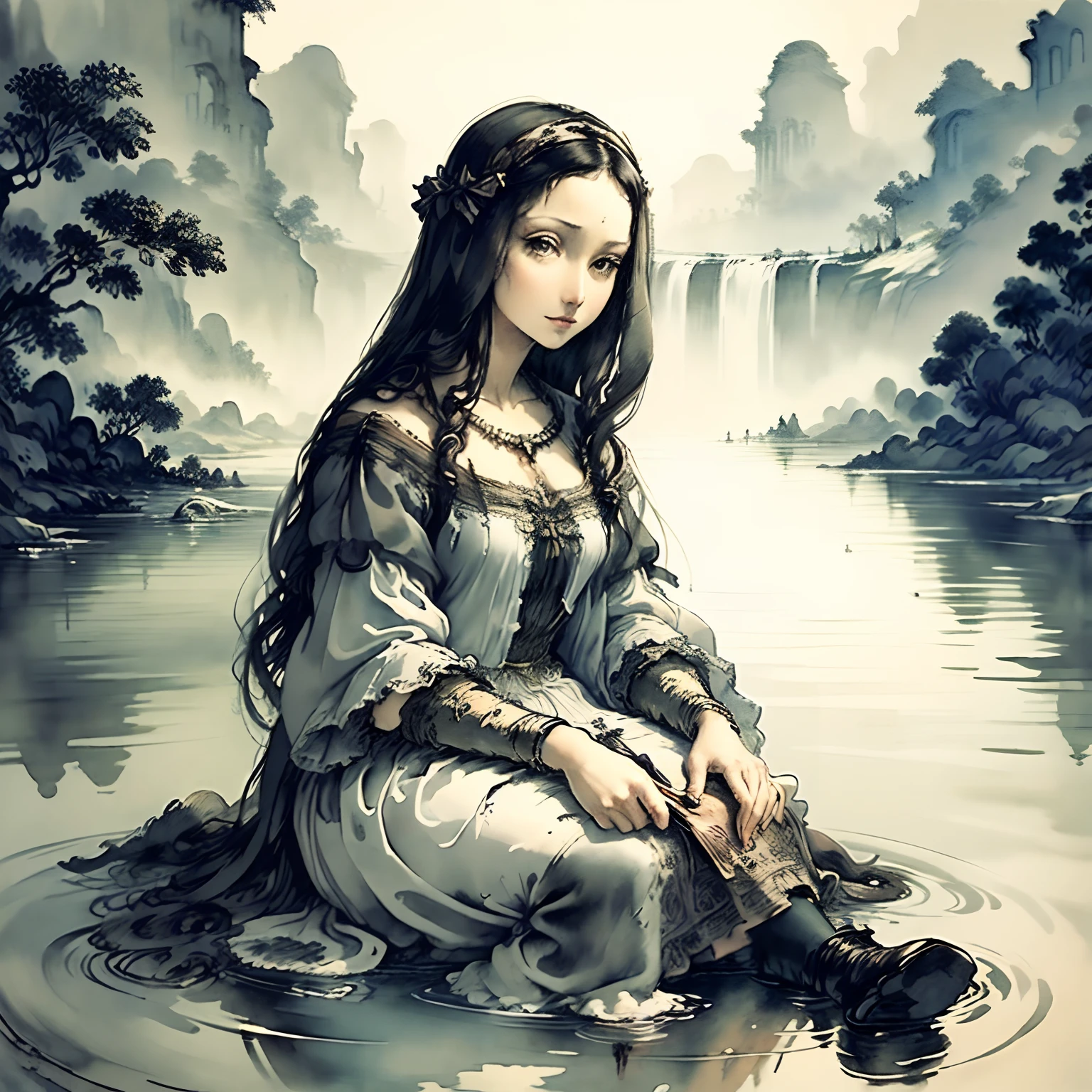 (​masterpiece, top-quality, ink and watercolor painting), A dark-haired, Sitting in the same position as the Mona Lisa, Water is gone, black-and-white
