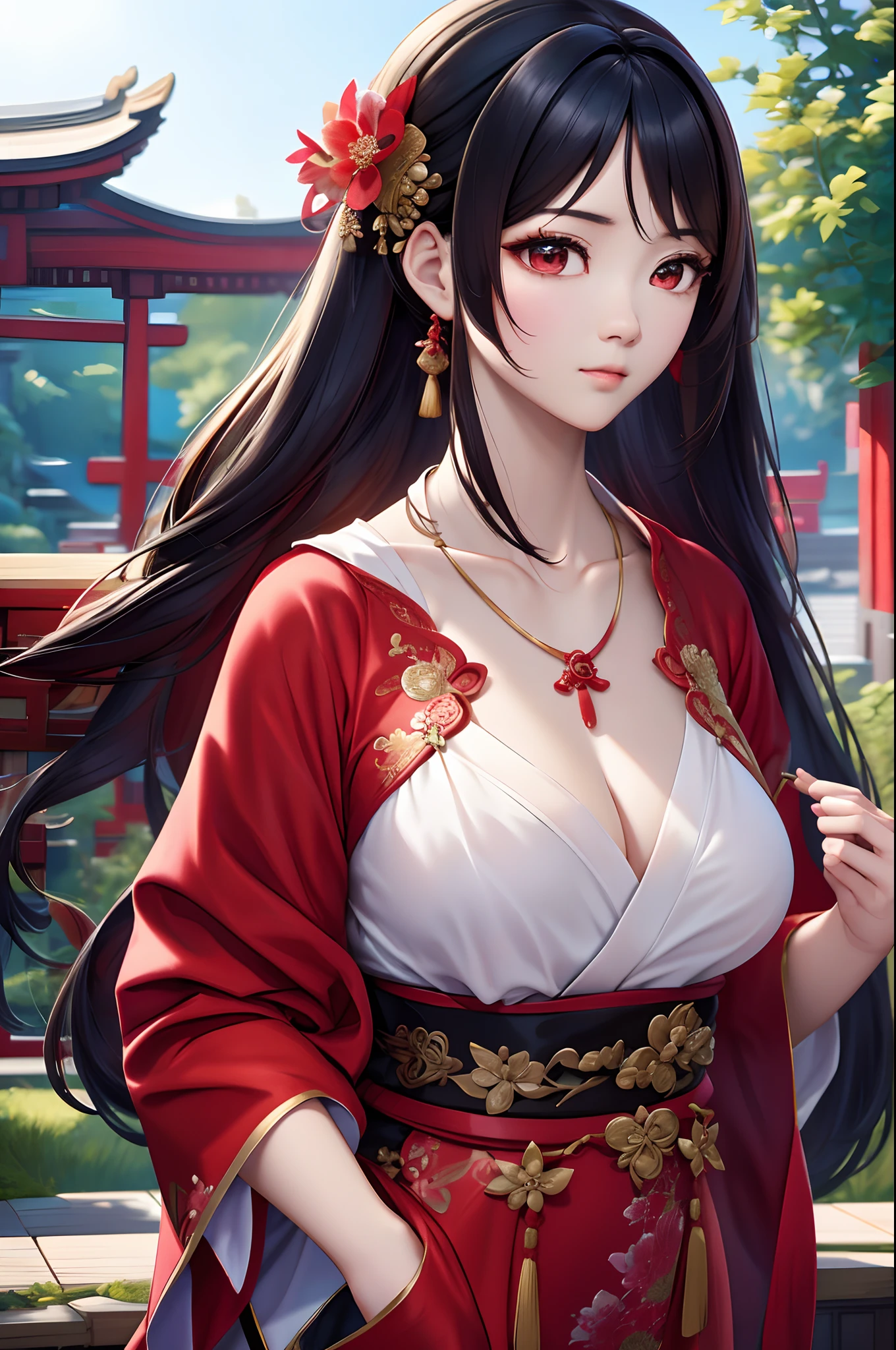 Close-up of a woman wearing a necklace in a red dress, Chinese style, Chinese girl, Beautiful character painting, Guviz-style artwork, Palace , A girl in Hanfu, Beautiful rendering of the Tang Dynasty, Realistic anime 3 D style, trending on cgstation, 8K high quality detailed art, Princesa chinesa antiga, Chinese woman, Guviz,The background is blurred out,depth of fields