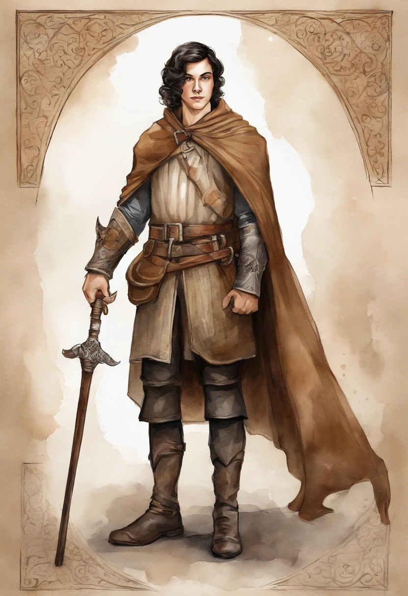 comic style, Taupe Brown theme, A boy , Medieval European aristocracy, Short wavy black hair parted in the middle, Full body, Leather Breast Plate, Sorcerer's robe, Leather shoes, White wall background, Equipped with a very large cane, artistic drawing