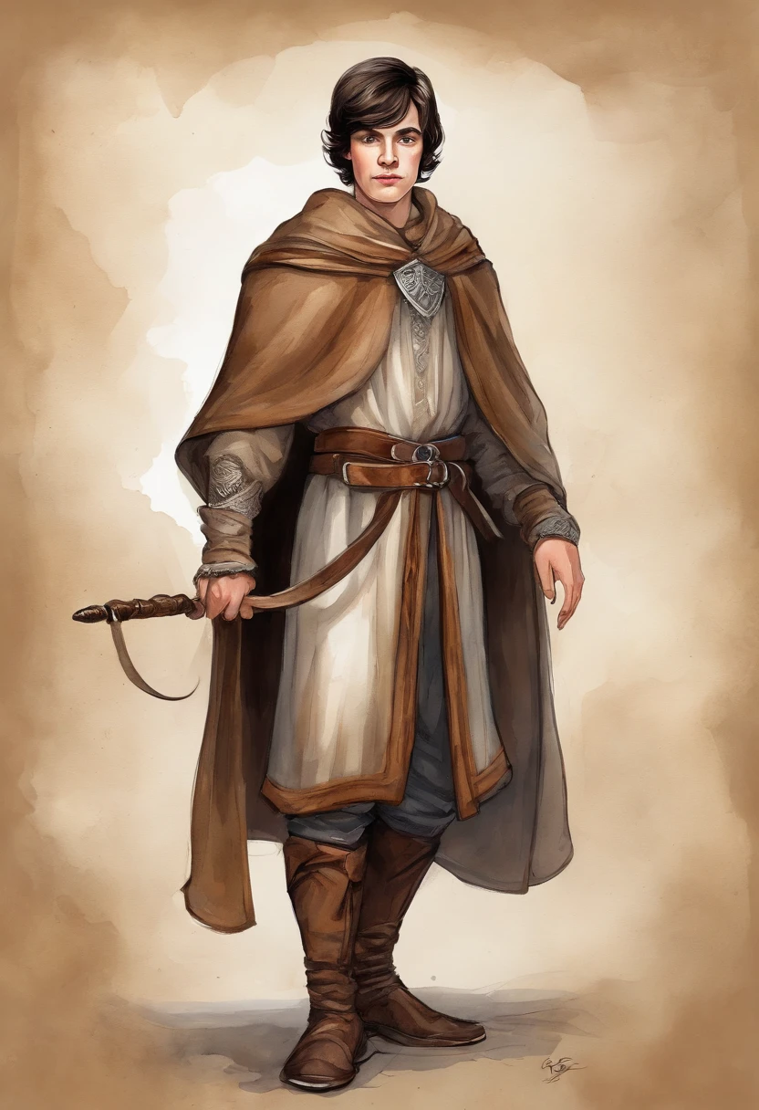 comic style, Taupe Brown theme, A boy 14 years old, Medieval European aristocracy, Short wavy black hair parted in the middle, Full body, Leather Breast Plate, Sorcerer's robe, Leather shoes, White wall background, Equipped with a very large cane, artistic drawing