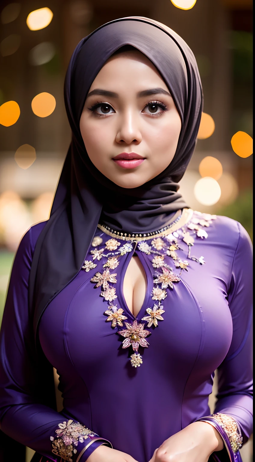 1 malay girl , modern plain hijab,  shy, medium portrait shot , watery  eyes ,lip watery, lip glossy, open mounth, ((big breast)), wear java wedding woman in purple kebaya dress berendra, kebaya batik, (big breast) , flower garden background, bokeh background, proportional body,