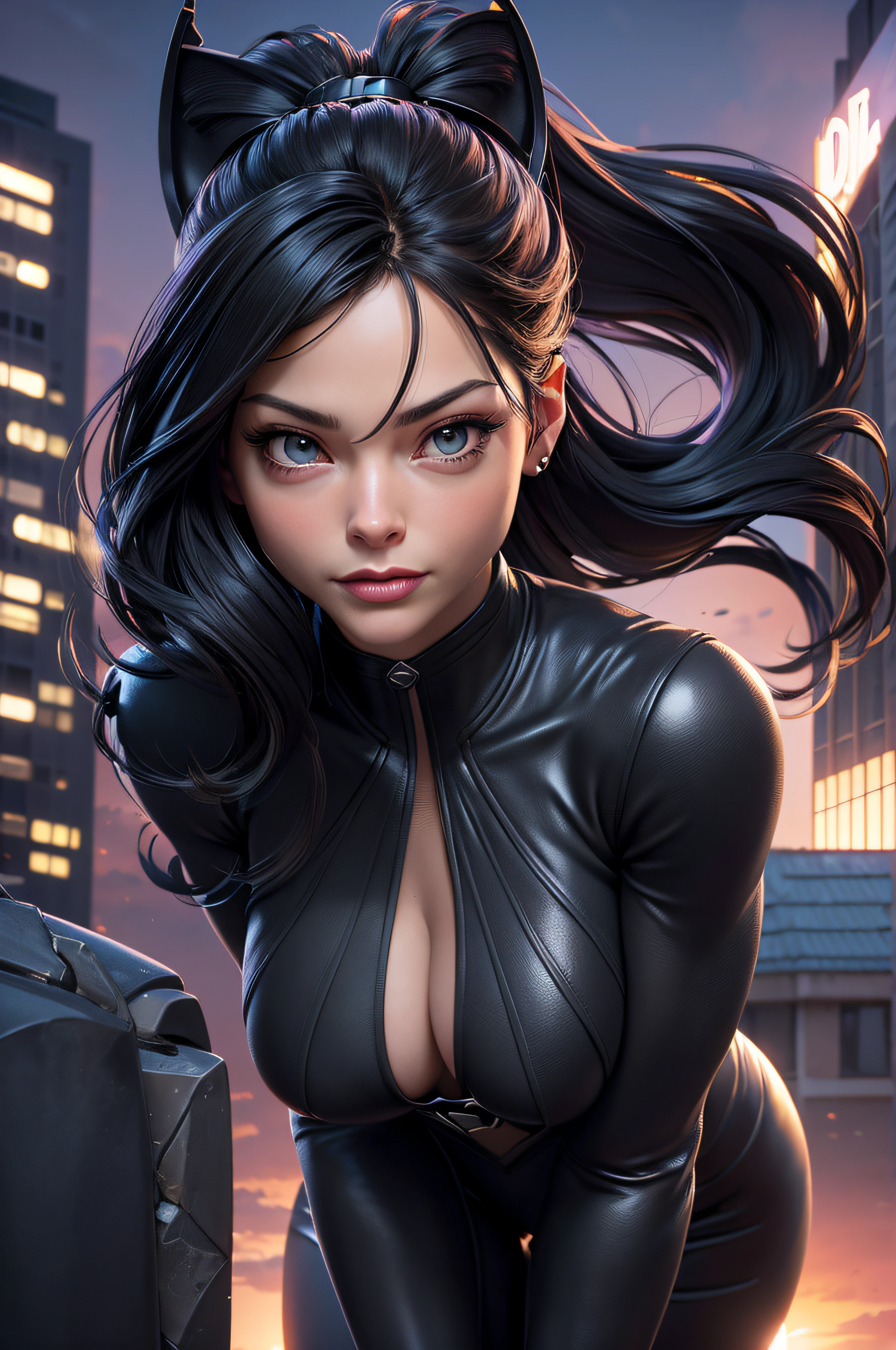 (tmasterpiece、4k resolution、A hyper-realistic、highly detailed)、(Black Superhero Theme、Charisme、Il y a Kristin Kreuk dans un costume de Catwoman au-dessus de la ville、she's a superhero), (Longs cheveux with ponytail:1.2)、plein corps、(yeux verts:1.2)、((Pose de Catwoman)、show of strength、jumping from one building to another)、((Environnement urbain sablonneux):0.8), (Un paysage urbain、Nuit、dynamic light)、(Pleine Lune)], ultra high def、Very real、Describes highly detailed 4K paintings。A superheroine in Catwoman's costume is depicted at the top of the city。The theme of the photo is a black superhero theme。(((Posterior view))), Prise de vue sur objectif grand angle, neons, (((Shooting from below))),