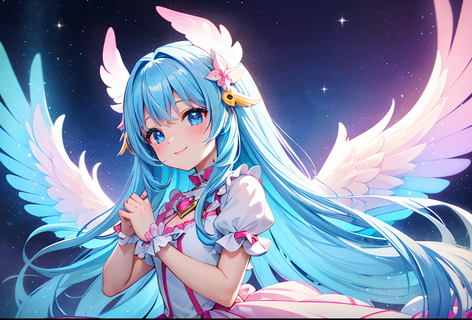 Colorful glowing angel wings、Kawaii Girl、adorable smiling、Light blue long hair、Twin-tailed、Colorful angel costume、Pink and white costume　((top-quality))、((​masterpiece))、(ighly detailed、highestdetailed、Official art、Beautifully Aesthetic:1.2)