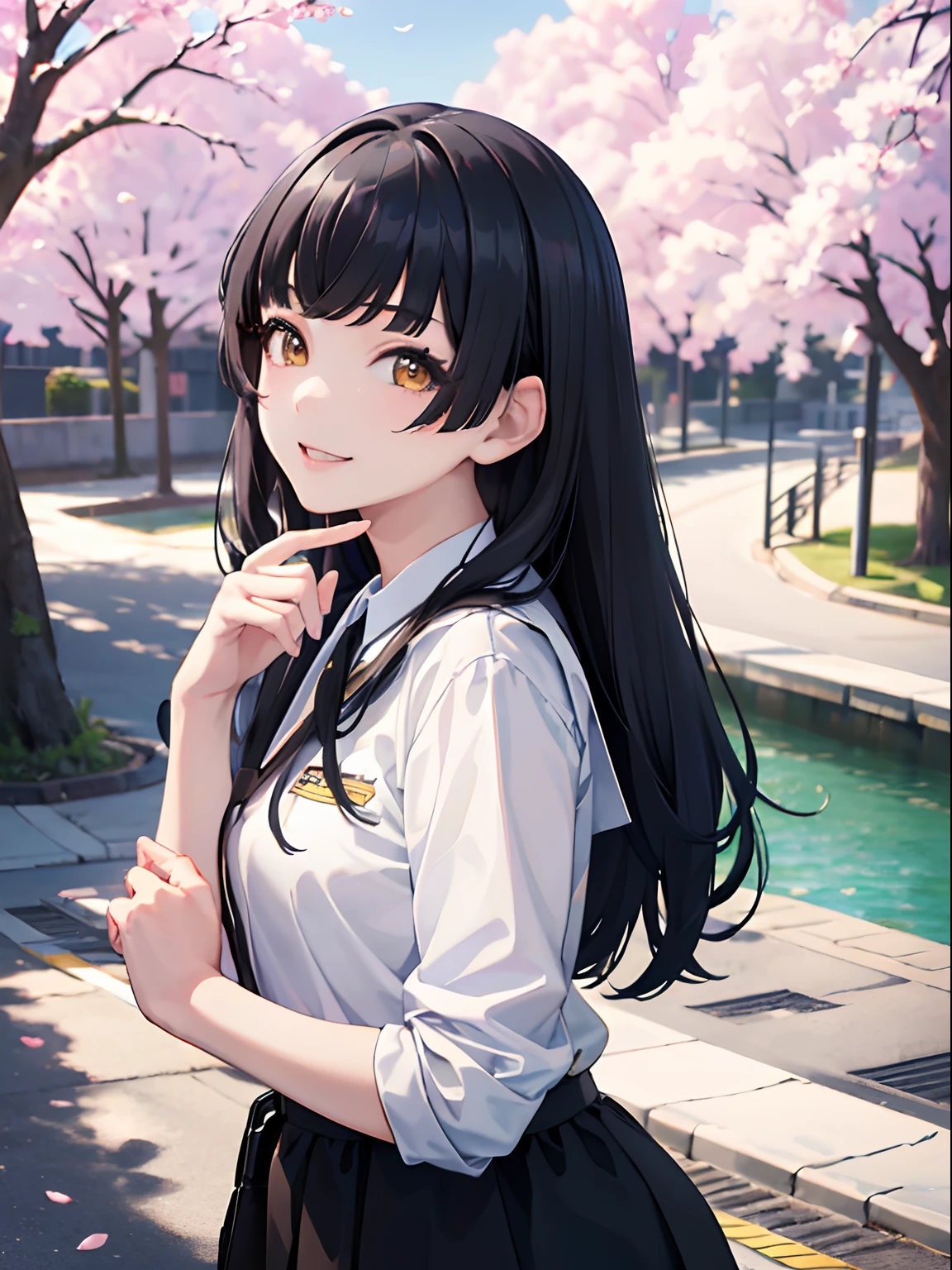 masterpiece, best quality, 1girl, black hair, ,yellow eyes, school uniform, cherry blossoms, smiling, detailed eyes, detailed facial features, realistic and high resolution (best quality, 4k, 8k, highres, masterpiece:1.2)