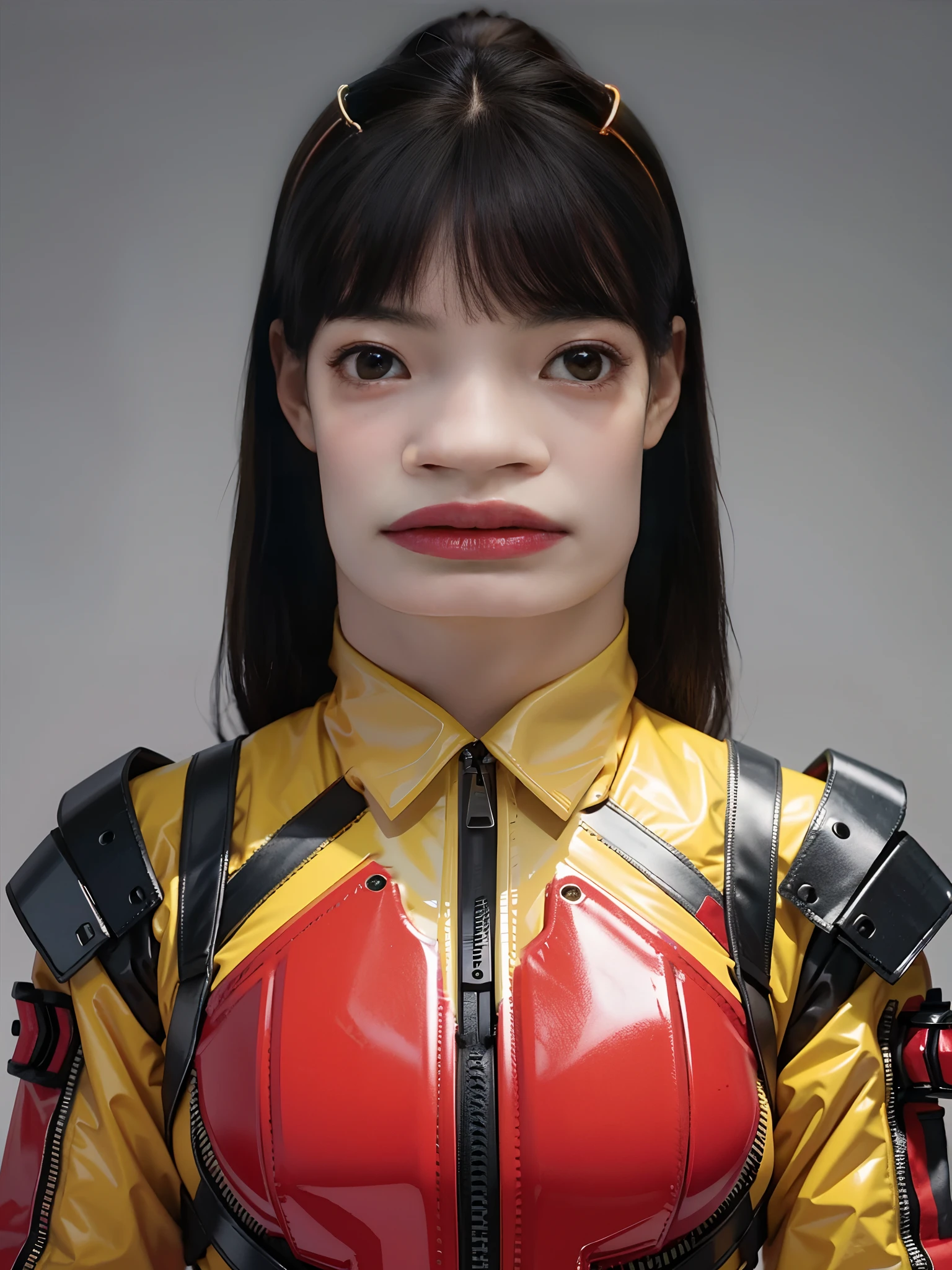 1 beautiful woman,Wearing a red mech,bulletproof vest,pony tails,cyber punk perssonage,greybackground