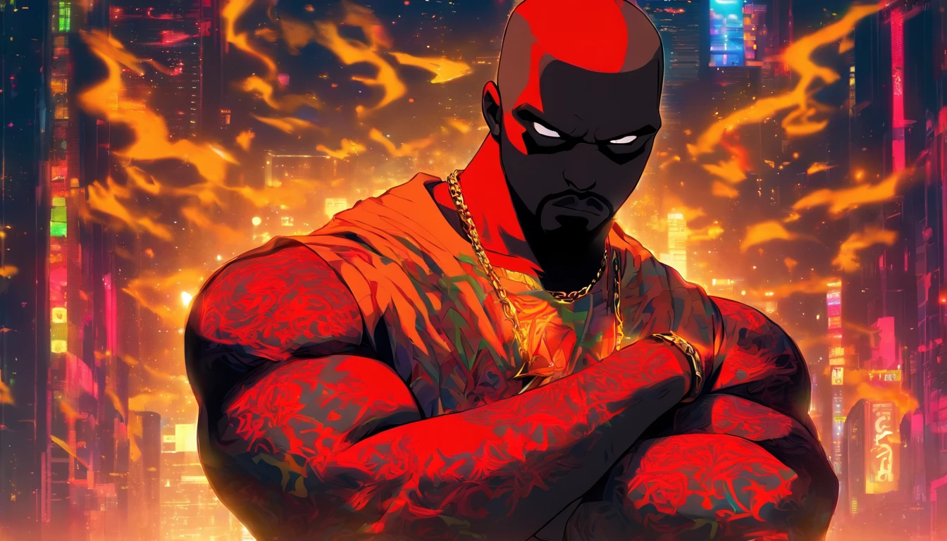 Kanye West with his arms crossed, not shirt, Tatuado, Gold chain around his hip hop style neck, red hair, Sobrancelhas vermelhas, cavanhaque vermelho, GTAV Estilo dos desenhos animados, com fundo vermelho, com raios azuis, estilo dos desenhos animados, foco no fundo dos desenhos animados.