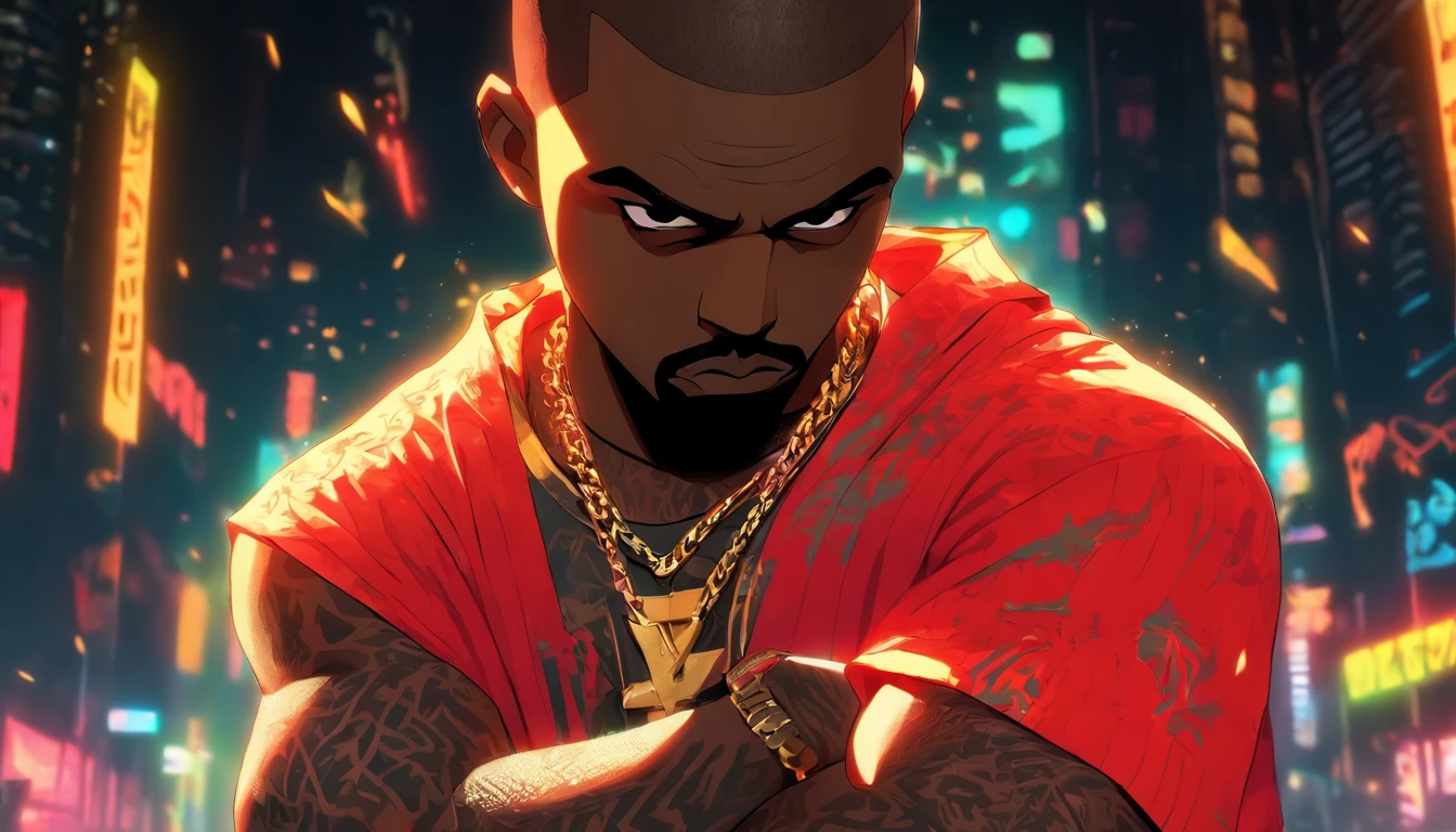 Kanye West with his arms crossed, not shirt, Tatuado, Gold chain around his hip hop style neck, red hair, Sobrancelhas vermelhas, cavanhaque vermelho, GTAV Estilo dos desenhos animados, com fundo vermelho, com raios azuis, estilo dos desenhos animados, foco no fundo dos desenhos animados.