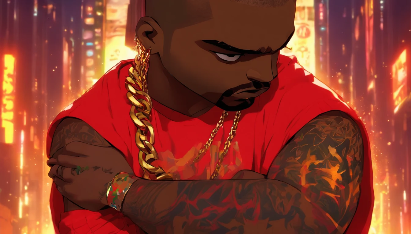 Kanye West with his arms crossed, not shirt, Tatuado, Gold chain around his hip hop style neck, red hair, Sobrancelhas vermelhas, cavanhaque vermelho, GTAV Estilo dos desenhos animados, com fundo vermelho, com raios azuis, estilo dos desenhos animados, foco no fundo dos desenhos animados.