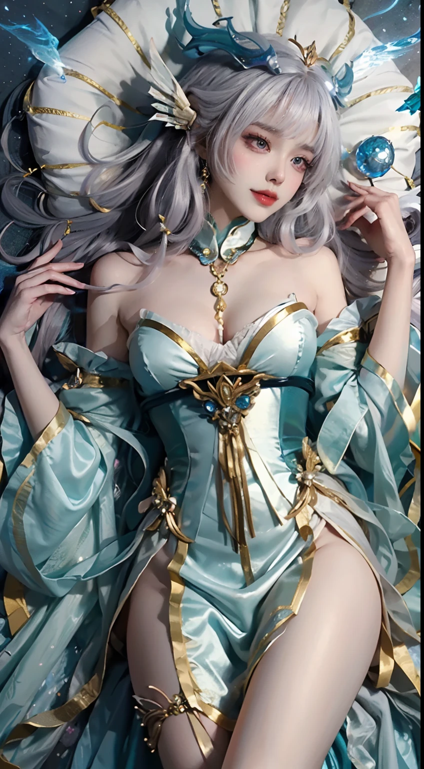 Close-up of women in costumes on stage, Whole body xylose, beautiful celestial mage, a stunning young ethereal figure, Beautiful fantasy empress, astral witch clothes, shaxi, flowing magic robe, Hanff Blanco, Xianxia Fantasy, Belle Delphine, ethereal fantasy, elegant glamourous cosplay,((Lie flat on the ground))，((top-down view)