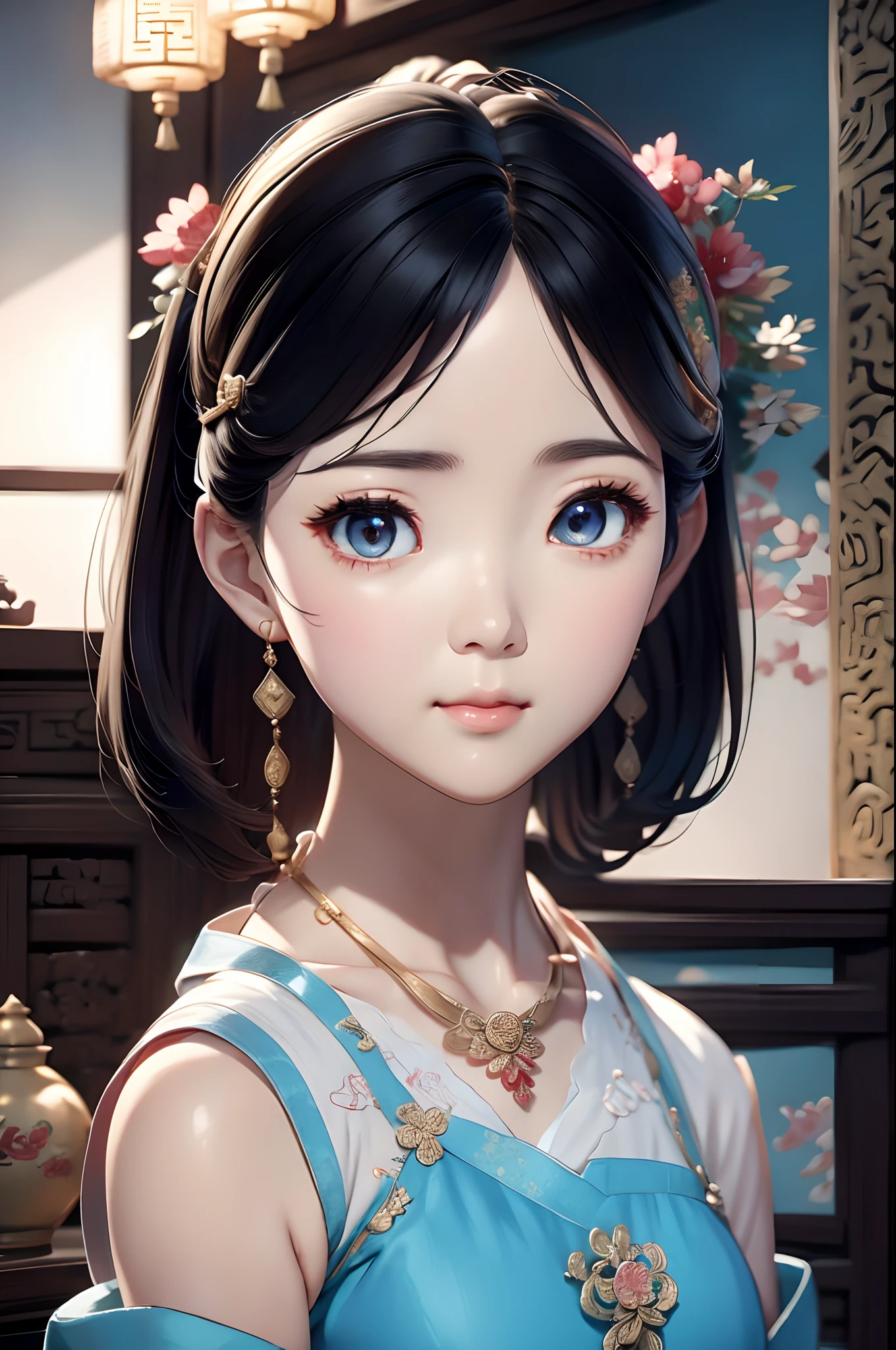 Close-up of a woman wearing a necklace in a light blue dress, Chinese style, Chinese girl, Beautiful character painting, Guviz-style artwork, Palace ， A girl in Hanfu, Beautiful rendering of the Tang Dynasty, Realistic anime 3 D style, trending on cgstation, 8K high quality detailed art, Princesa chinesa antiga, Chinese woman, Guviz