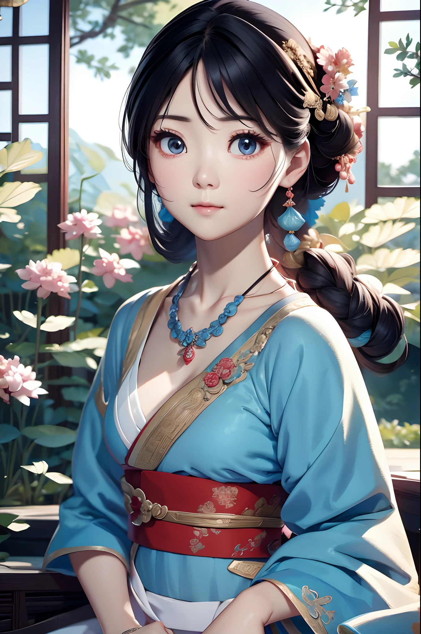 Close-up of a woman wearing a necklace in a light blue dress, Chinese style, Chinese girl, Beautiful character painting, Guviz-style artwork, Palace ， A girl in Hanfu, Beautiful rendering of the Tang Dynasty, Realistic anime 3 D style, trending on cgstation, 8K high quality detailed art, Princesa chinesa antiga, Chinese woman, Guviz