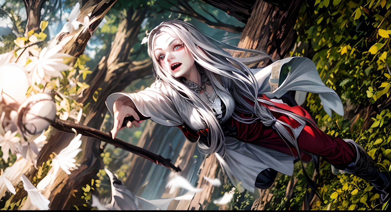 Realistic, (Obra-prima, top quality, best quality, official art, Beauty and Aesthetics: 1.2), Very Detailed, Fractal Art, Variegated, Most Details, Black Robe, Full of Blood, Fierce Eyes, Bloodthirsty, Knife Marks, Scars, ((((Black Shore Flower))), Ghost Soul Glowing with Green Light, (Abstract Background: 1.5) (1 Boy: 1.3), Divine Beauty, Long White Hair, (Glowing Red Eyes), Mysterious, (Fantastic), Ice, ((Sitting in the Middle of a Pool of Blood))