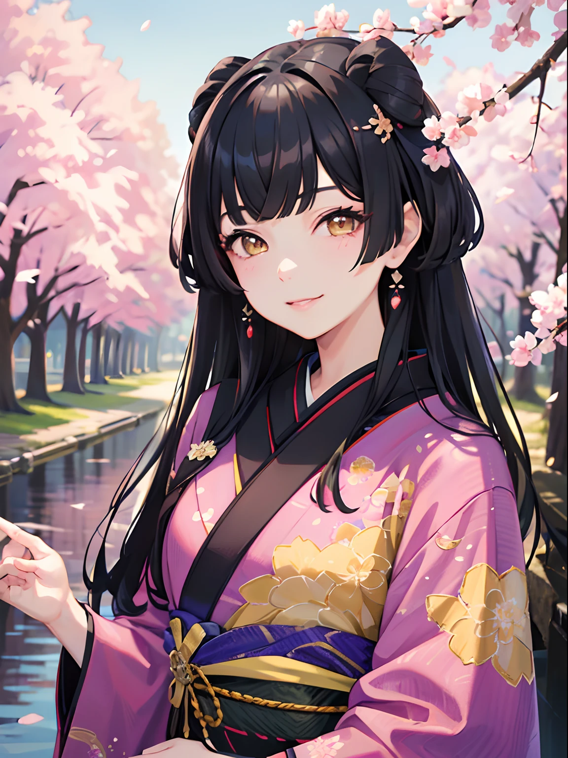 masterpiece, best quality, 1girl, black hair, ,yellow eyes, kimono, cherry blossoms, smiling, detailed eyes, detailed facial features, realistic and high resolution (best quality, 4k, 8k, highres, masterpiece:1.2)