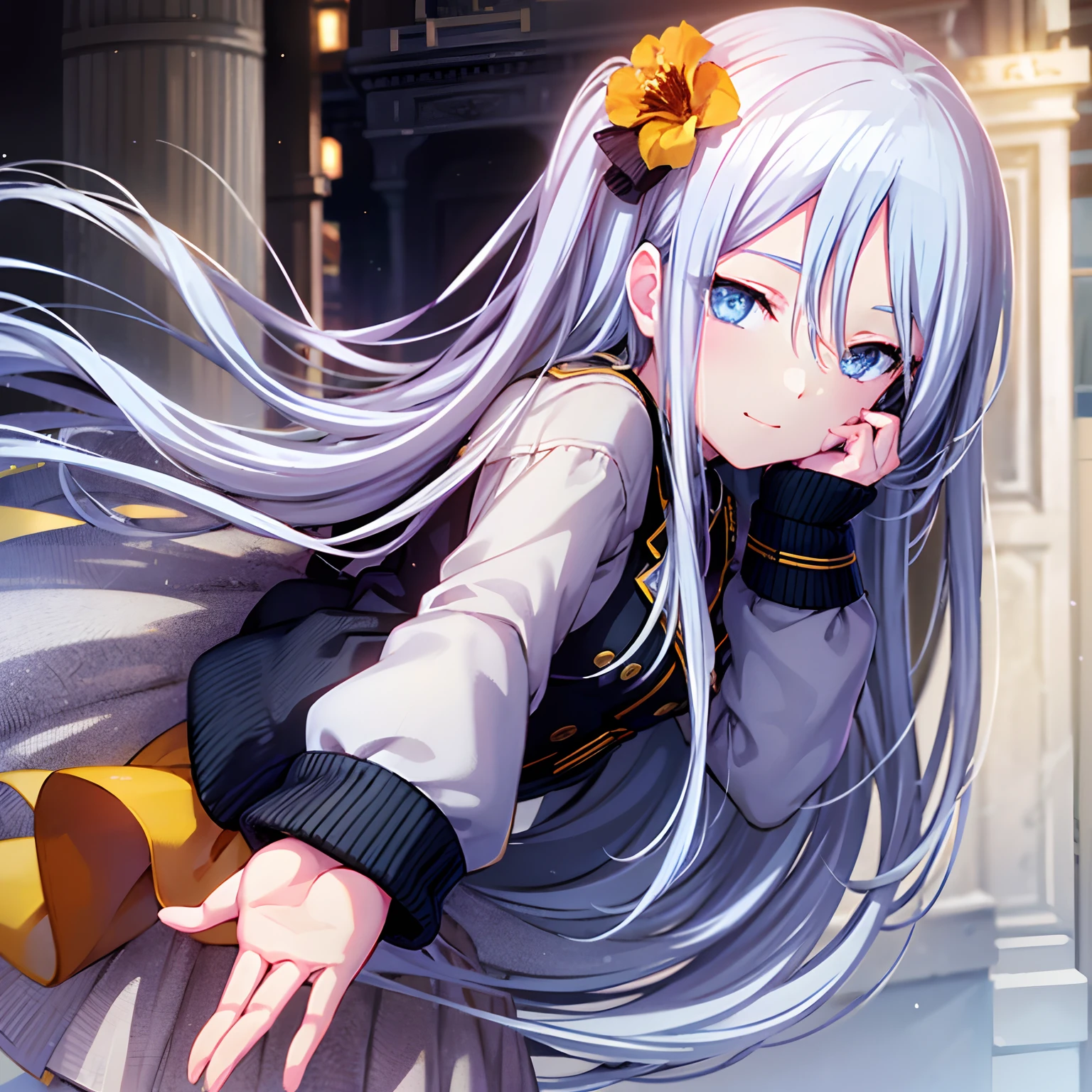 beautiful eyes, kanade3rd, looking at viewer, smile, long sleeves, closed mouth, jacket, upper body, flower, white hair, off shoulder, white jacket, hands on own face