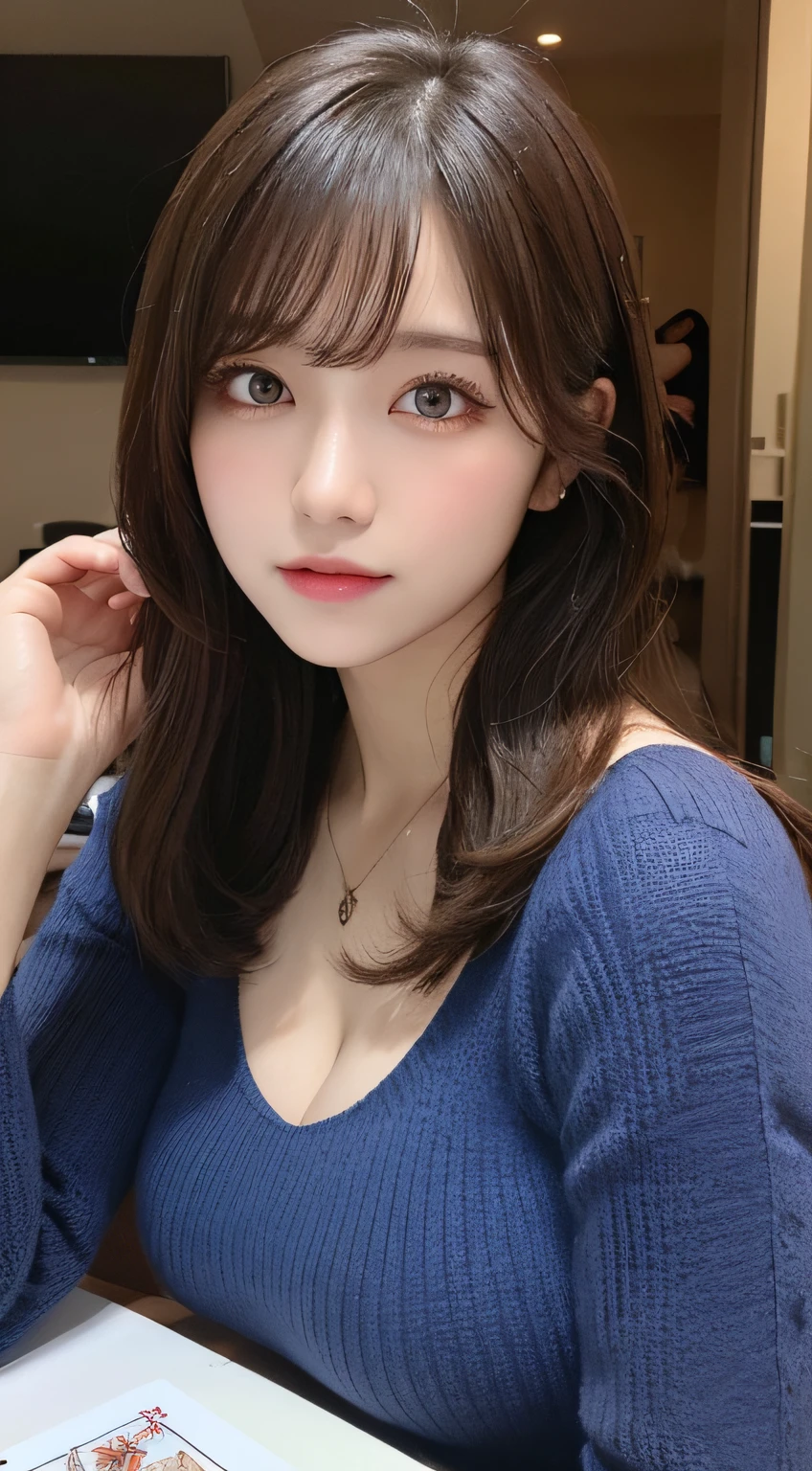 table top, highest quality, figure, super detailed, finely, High resolution, 8k wallpaper, 完璧なダイナミックな構figure, detailed and beautiful eyes, winter dress,medium hair, small breasts, natural color lip, random sexy poses,smile,latest office room、20 year old girl、midnight、beautiful and detailed face、perfect and beautiful face,Big eyes