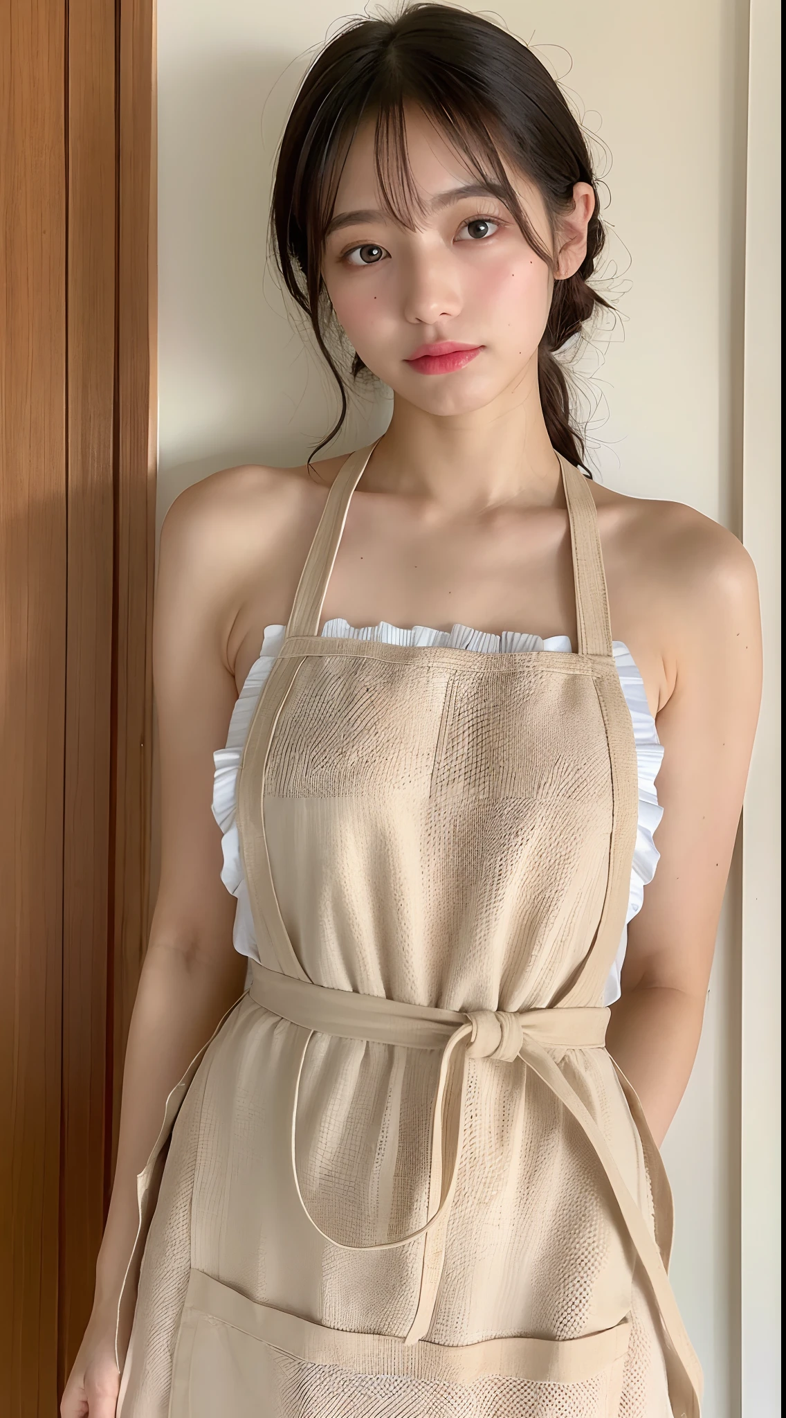 1womanl, ((sixteen years old))、Colossal tits ((Beautiful glossy straight long:1.2)),((see-through bangs))、Beautiful fingers, Beauty Body,Beautiful bare skin、perfect eyes,Perfect and realistic face,ighly detailed , 超A high resolution,hight resolution, the background is blurred, (Beautiful_Face:1.5)、(The background is her room at night with only one light.:1.3),(Colossal tits) Backgrounds with depth ((Realistic three-dimensional effect))、((NAKED Apron:1.3))、((White Beige Knit Ultra Fine Super Yarn Extra Small Apron:1.3)),((Very small fine cutting shoulder strap:1.4)) ((white t-shirts))、((beautiful decollete))、((Beautiful large breast:1.2))、((エロ:1.3)) ((Beautiful bare skin:1.3)) ((Fair skin soft real skin))Sense of depth and openness、((sixteen years old)) ((Half-open lips))((Small ultra-thin apron:1.3)) ((beautiful decollete))
