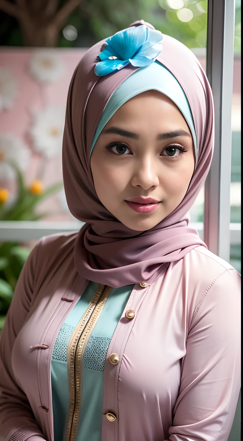 1 malay girl , modern plain hijab,  shy, medium portrait shot , watery  eyes ,lip watery, lip glossy, open mounth, ((big breast)), wear Half Button Rib Knit Tee with pastel color jacket and High Waist Plicated Detail Suit Pants, (big breast) , flower garden background, bokeh background, proportional body,