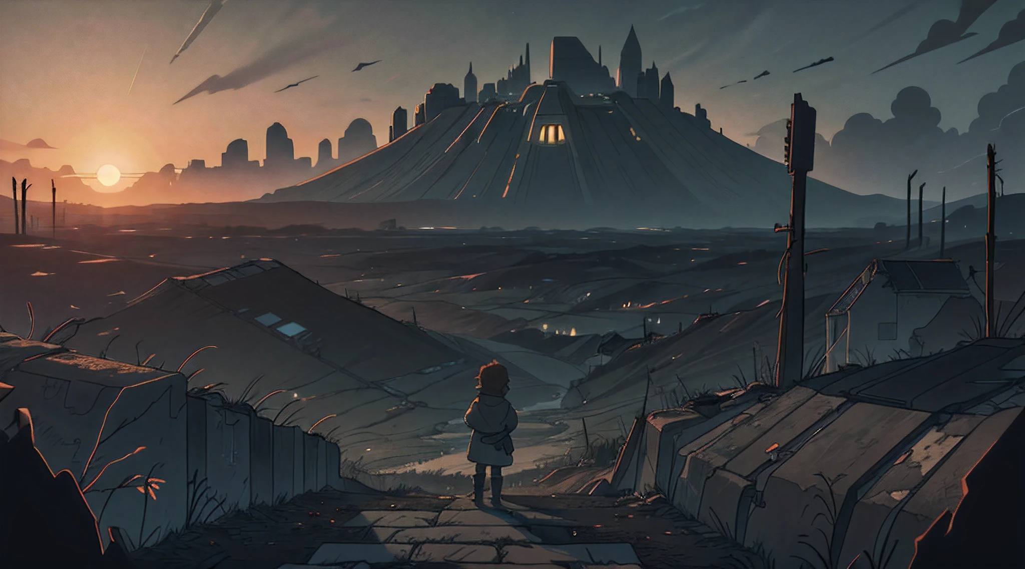In a post-apocalyptic world, the horizon unfolds as an immense expanse of desolation and destruction. The sky is shrouded in dark and menacing clouds, with the sun struggling to filter its light through the rifts. Human structures are reduced to charred ruins and fragments of concrete, and nature has begun to reclaim its space, with weeds and trees sprouting through cracks in the ground.

At the center of this post-apocalyptic landscape, there stands a solitary child. They are standing on a small mound of debris, a ray of hope amidst the surrounding desolation. They wear tattered clothes stained with dust and ash, while they affectionately clutch a small teddy bear in their tiny hand.

The child looks up toward the gloomy horizon, their eyes conveying a mixture of innocence and determination. Their disheveled hair flutters in the wind, while the remnants of a decaying world loom behind them, silent witnesses to better times now faded.

Despite the devastation that surrounds them, the child represents a fragile but precious hope for a better future. Their presence symbolizes human resilience, the strength of childhood in facing adversity, and the determination to build a fresh start, even in a post-apocalyptic world.
