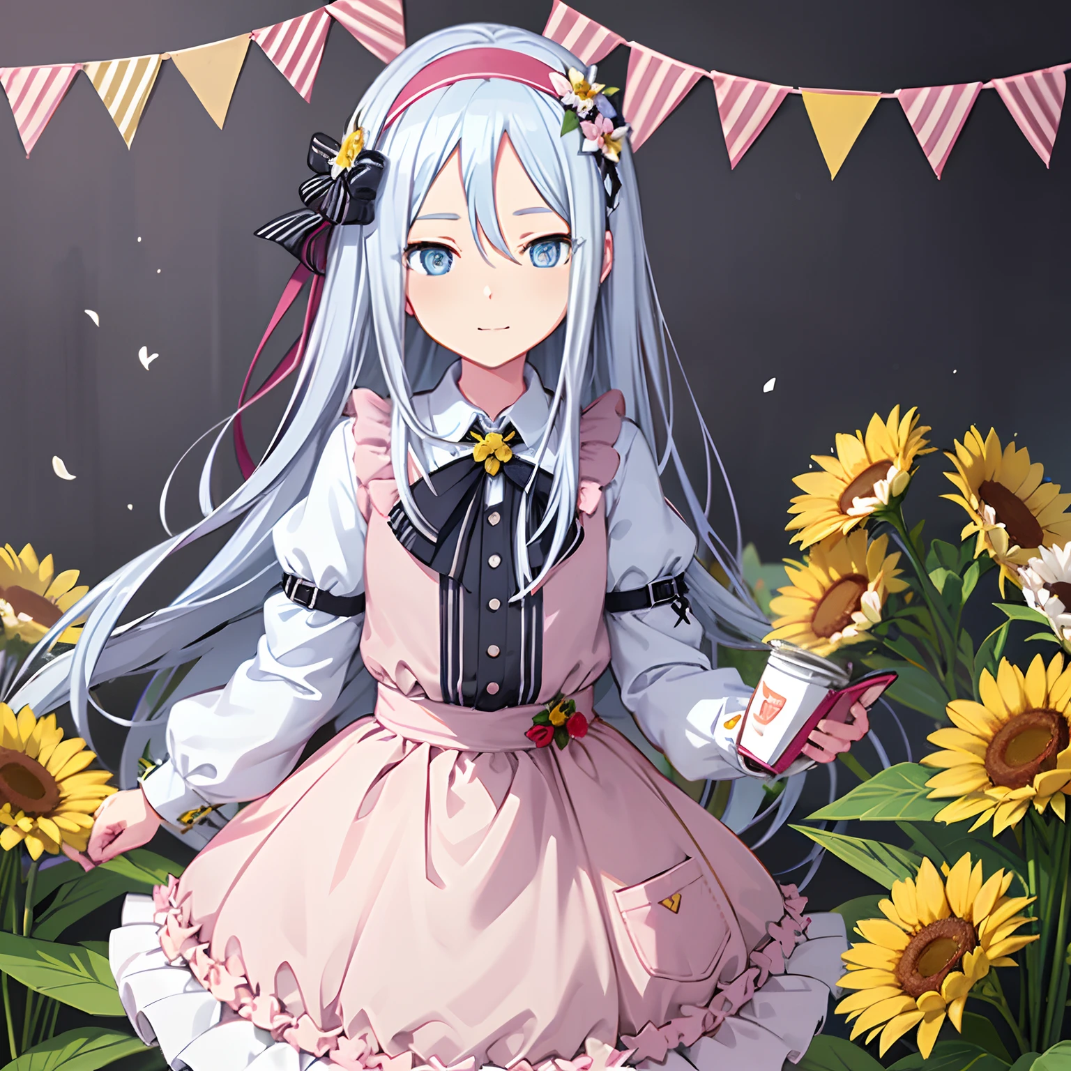 Solo, grey eyes, kanade3rd, looking at viewer, smile, skirt, shirt, long sleeves, bow, ribbon, holding, closed mouth, white shirt, flower, hairband, frills, food, striped, puffy sleeves, collared shirt, bowtie, vest, cup, neck ribbon, fruit, leaf, bottle, light smile, white flower, grey shirt, vertical stripes, pink flower, plate, puffy long sleeves, cake, brown skirt, yellow flower, strawberry, dot nose, striped background, bread, holding plate, jar, shop, cake slice, sandwich, string of flags, milk carton