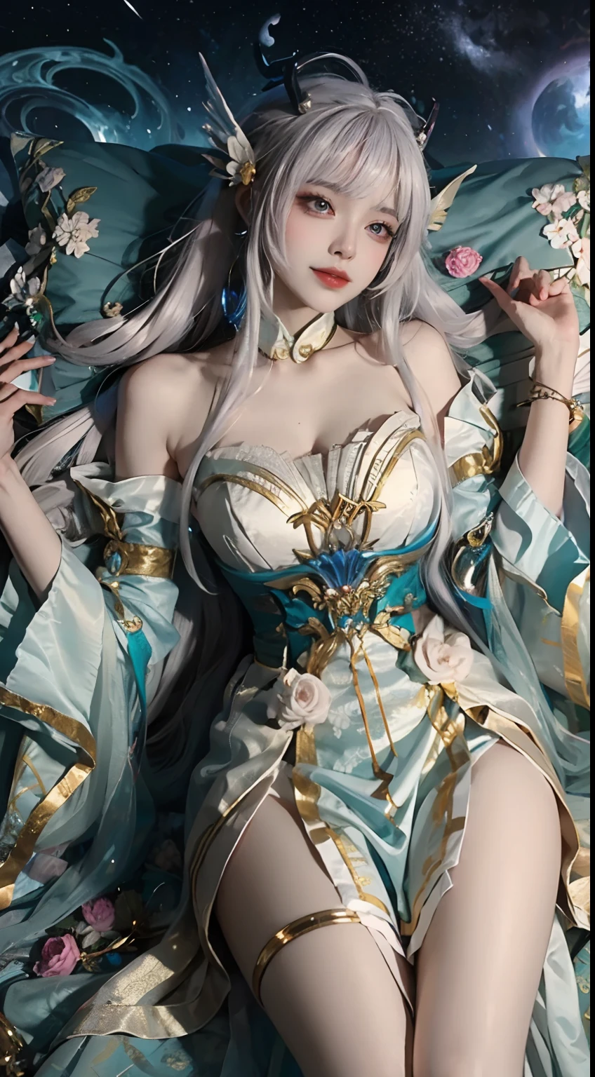 Close-up of women in costumes on stage, Whole body xylose, beautiful celestial mage, a stunning young ethereal figure, Beautiful fantasy empress, astral witch clothes, shaxi, flowing magic robe, Hanff Blanco, Xianxia Fantasy, Belle Delphine, ethereal fantasy, elegant glamourous cosplay, heise jinyao，((laying down on the bed))，((top-down view))