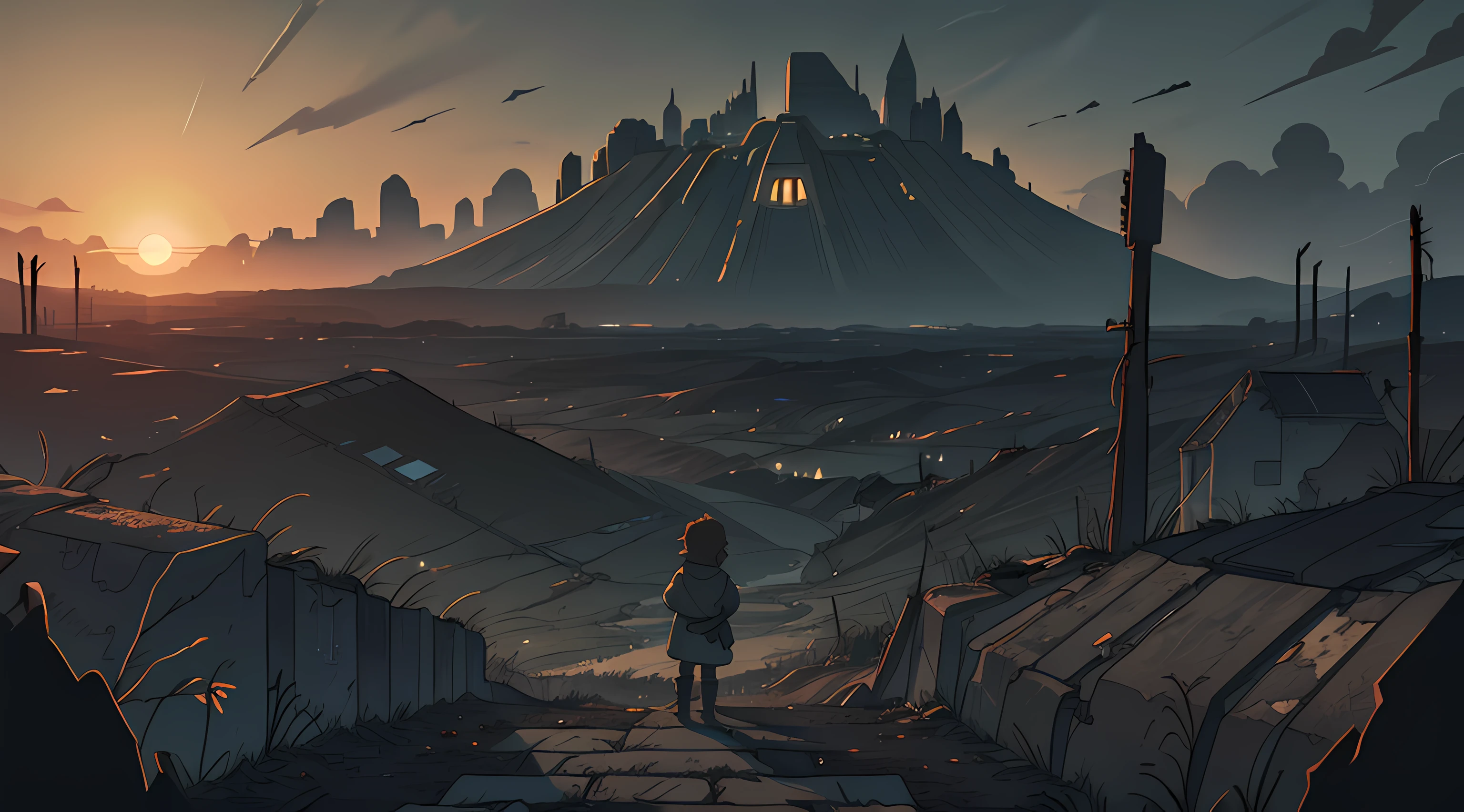 In a post-apocalyptic world, the horizon unfolds as an immense expanse of desolation and destruction. The sky is shrouded in dark and menacing clouds, with the sun struggling to filter its light through the rifts. Human structures are reduced to charred ruins and fragments of concrete, and nature has begun to reclaim its space, with weeds and trees sprouting through cracks in the ground.
At the center of this post-apocalyptic landscape, there stands a solitary child. They are standing on a small mound of debris, a ray of hope amidst the surrounding desolation. They wear tattered clothes stained with dust and ash, while they affectionately clutch a small teddy bear in their tiny hand.
The child looks up toward the gloomy horizon, their eyes conveying a mixture of innocence and determination. Their disheveled hair flutters in the wind, while the remnants of a decaying world loom behind them, silent witnesses to better times now faded.
Despite the devastation that surrounds them, the child represents a fragile but precious hope for a better future. Their presence symbolizes human resilience, the strength of childhood in facing adversity, and the determination to build a fresh start, even in a post-apocalyptic world.