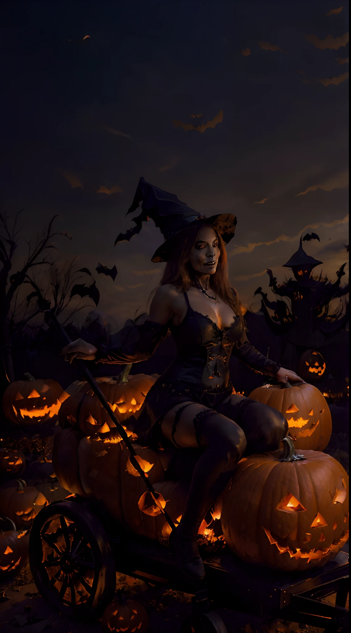 (halloween night:1.5),(Pumpkin monsters:1.2),(Sexy Witch:1.2),(Ride in a pumpkin carriage:1.2),(Seductive charm:1.2),(well-defined physique:1.2),(Spooky atmosphere:1.1),(Pumpkin Bio:1.1),(moonlit sky:1.1),(Fascinating ride:1.1),(mystical ambiance:1.1),(Festive celebrations:1.1)