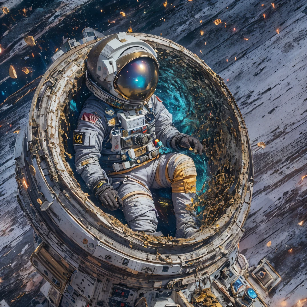 ((ultra real detailed.The astronaut) (Masterpiece, Top quality, Best quality, offcial art, Beauty and aesthetics: 1.2), Very detailed, Colorful, Most detailed, branches, The astronaut, （Mards）The astronaut（canyons）， （Linen future spacesuit）， Angry fighting stance， looking at the ground， Batik linen bandana，Astronaut Canyon（Abstract propylene splash：1.2）， Dark clouds lightning background，Sprinkle with gold dust（realisticlying：1.4），Breakage，Abandoned spacecraft，starryskybackground， A high resolution， the detail， RAW photogr， Sharp Re， Nikon D850 Film Stock Photo by Jefferies Lee 4 Kodak Portra 400 Camera F1.6 shots, Rich colors, ultra-realistic vivid textures, Dramatic lighting, Unreal Engine Art Station Trend, cinestir 800，Ice crystals flutter,（（（Mards）））Breakage，Abandoned spacecraft