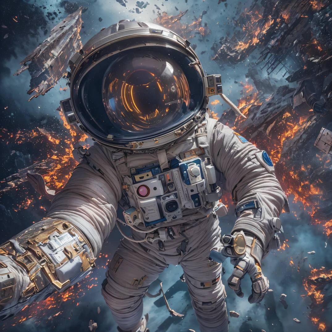 ((ultra real detailed.The astronaut) (Masterpiece, Top quality, Best quality, offcial art, Beauty and aesthetics: 1.2), Very detailed, Colorful, Most detailed, branches, The astronaut, (Mards)The astronaut(canyons), (Linen future spacesuit), Angry fighting stance, looking at the ground, Batik linen bandana,Astronaut Canyon(Abstract propylene splash:1.2), Dark clouds lightning background,Sprinkle with gold dust(realisticlying:1.4),Breakage,Abandoned spacecraft,starryskybackground, A high resolution, the detail, RAW photogr, Sharp Re, Nikon D850 Film Stock Photo by Jefferies Lee 4 Kodak Portra 400 Camera F1.6 shots, Rich colors, ultra-realistic vivid textures, Dramatic lighting, Unreal Engine Art Station Trend, cinestir 800,Ice crystals flutter,(((Mards)))Breakage,Abandoned spacecraft