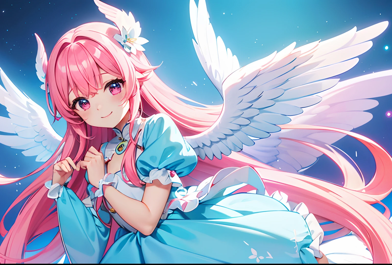 Colorful glowing angel wings、Kawaii Girl、adorable smiling、Light blue long hair、Twin-tailed、Colorful angel costume、Pink and white costume ((top-quality))、((masterpiece))、(ighly detailed、highestdetailed、Official art、Beautifully Aesthetic:1.2)