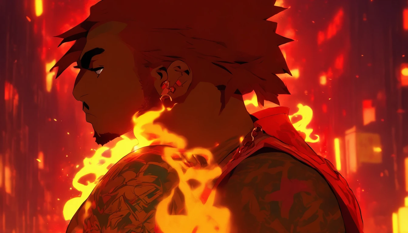 Kanye West with his arms crossed, not shirt, Tatuado,magro, Gold chain around his hip hop style neck, red hair, Sobrancelhas vermelhas, cavanhaque vermelho, GTAV Estilo dos desenhos animados, com fundo vermelho, com raios azuis, estilo dos desenhos animados, foco no fundo dos desenhos animados.