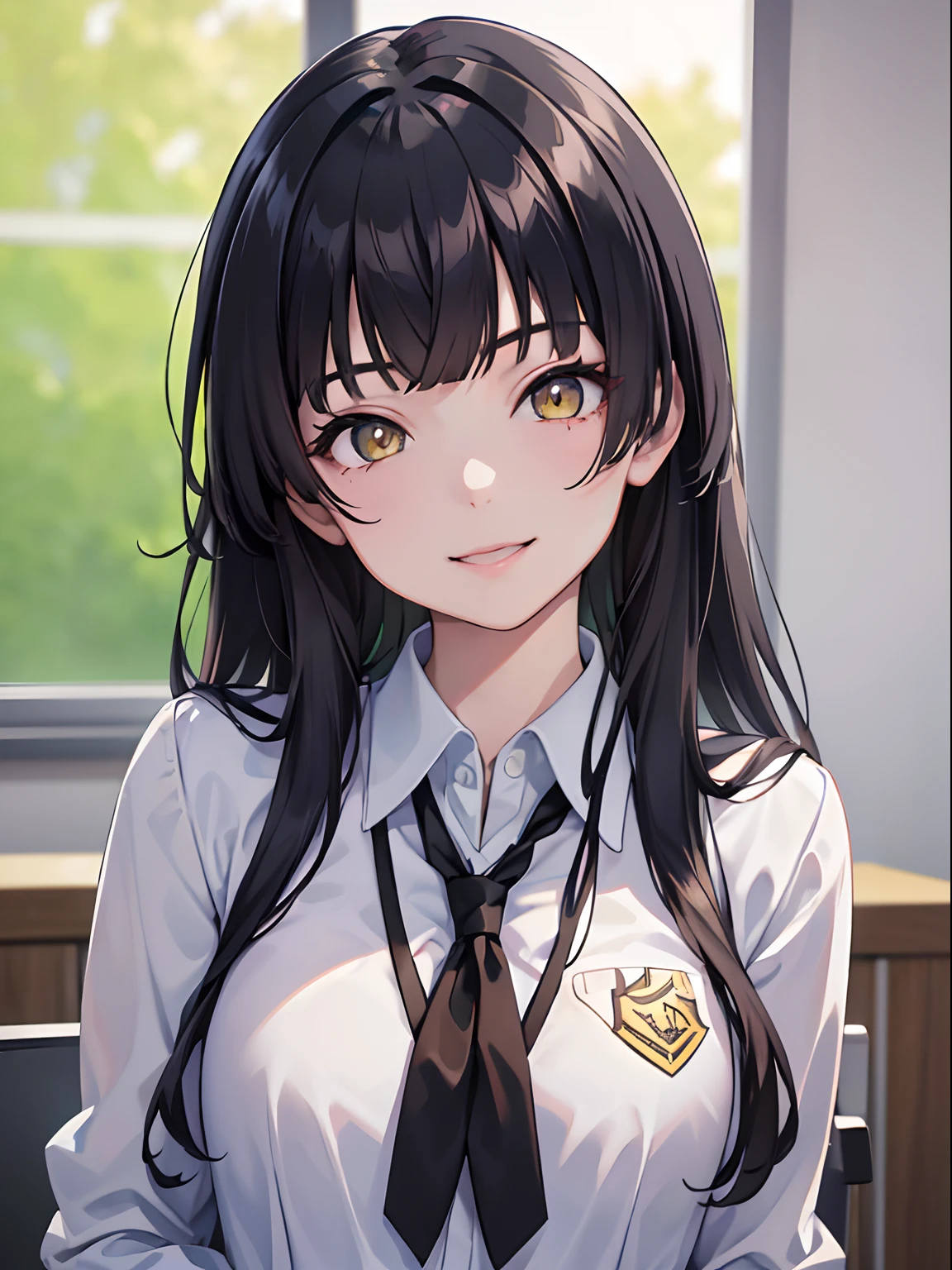 masterpiece, best quality, 1girl, black hair, ,yellow eyes, school uniform, classroom, smiling, detailed eyes, detailed facial features, realistic and high resolution (best quality, 4k, 8k, highres, masterpiece:1.2)