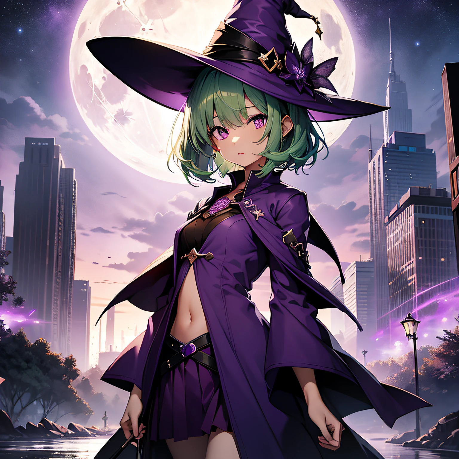 top-quality、extremely delicate and beautiful、(A girl)、Purple Eye、Green hair、short-haired、(purple witch hat)、Purple tie、Soio、shortsleeves、Purple skirt、Purple Wizard Robe、Navel、is standing、Full moon night on background