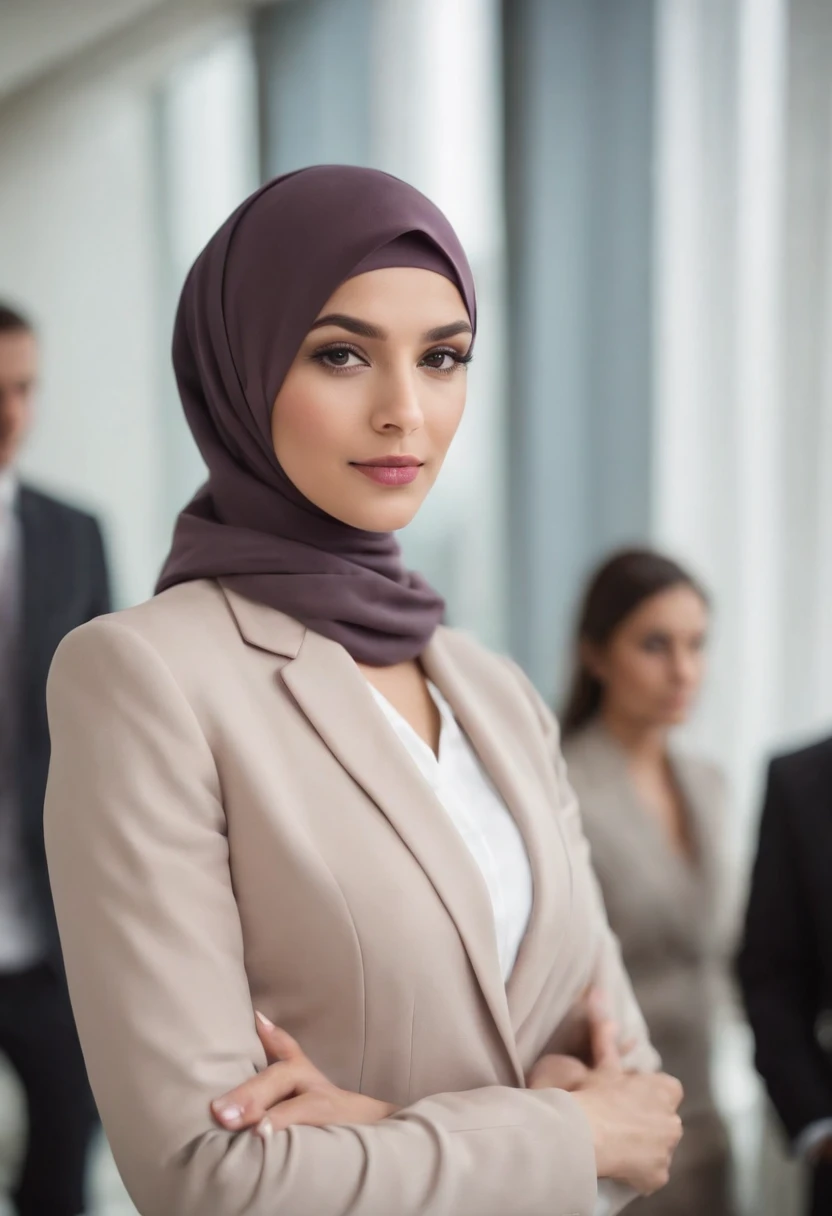 a portrait of a businesswoman in a suit and hijab, feminine empowerment, head covered, beautiful hijab, modest clothing, a woman dressed in a business suit standing in front of people,
young businesswoman in business suit, in the style of emotionally complex, a beautiful business woman is standing in her suit.