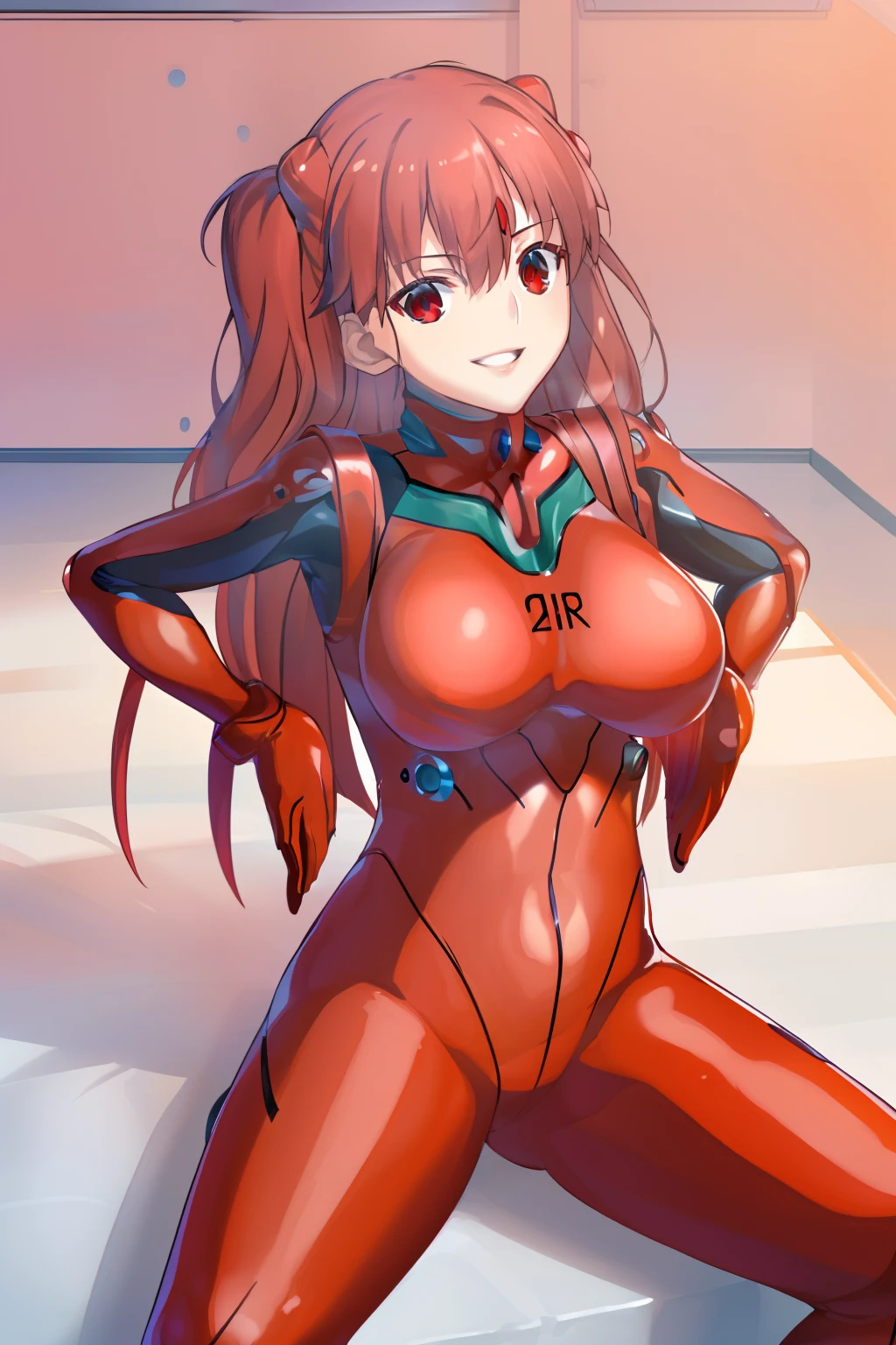 4K、8K、(masterpiece、top-quality:1.2)、face perfect、professional photograpy、a picture、photorealisim、Sit with your legs open、red plugsuit、in bed room、ultra gigantic tits、Provocative smile