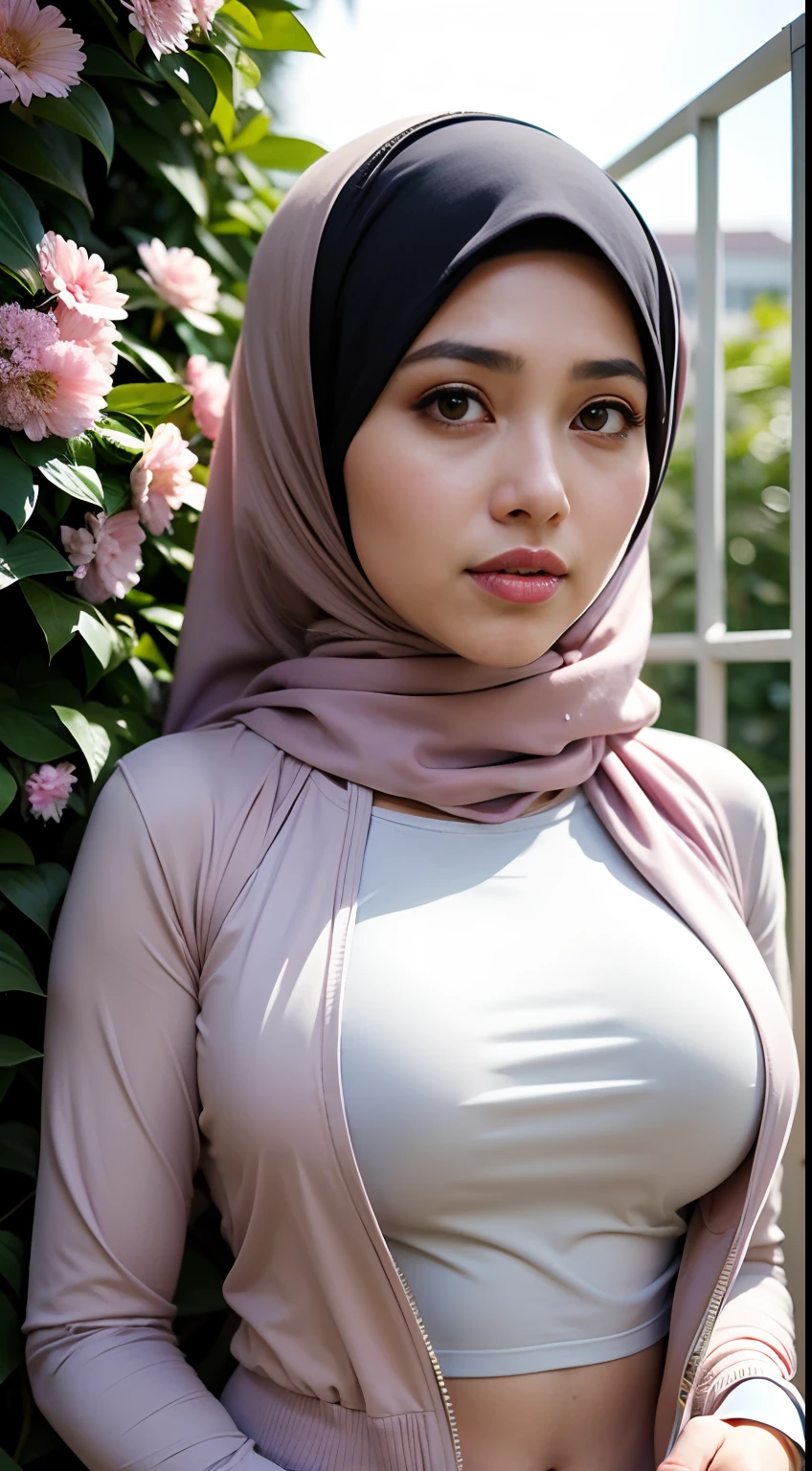 1 malay girl , modern plain hijab,  shy, medium portrait shot , watery  eyes ,lip watery, lip glossy, open mounth, ((big breast)), wear Half Button Rib Knit Tee with pastel color jacket and High Waist Plicated Detail Suit Pants, (big breast) , flower garden background, bokeh background, proportional body,