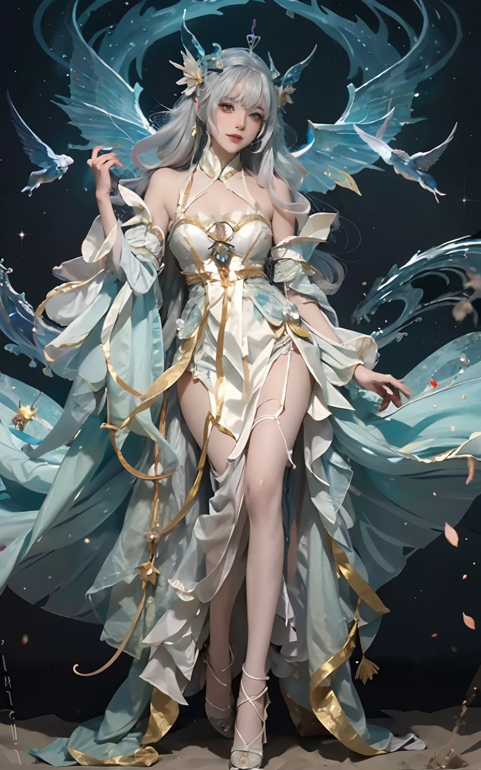 Close-up of women in costumes on stage, full body fairy, beautiful celestial mage, stunning young ethereal characters, beautiful fantasy queen, astral witch costume, sand stream, flowing magic robe, white hanfu, fairy fantasy, beauty Delfin, ethereal fantasy, elegant and charming cosplay, Hirase Jinyao, charming and colorful, very coquettish