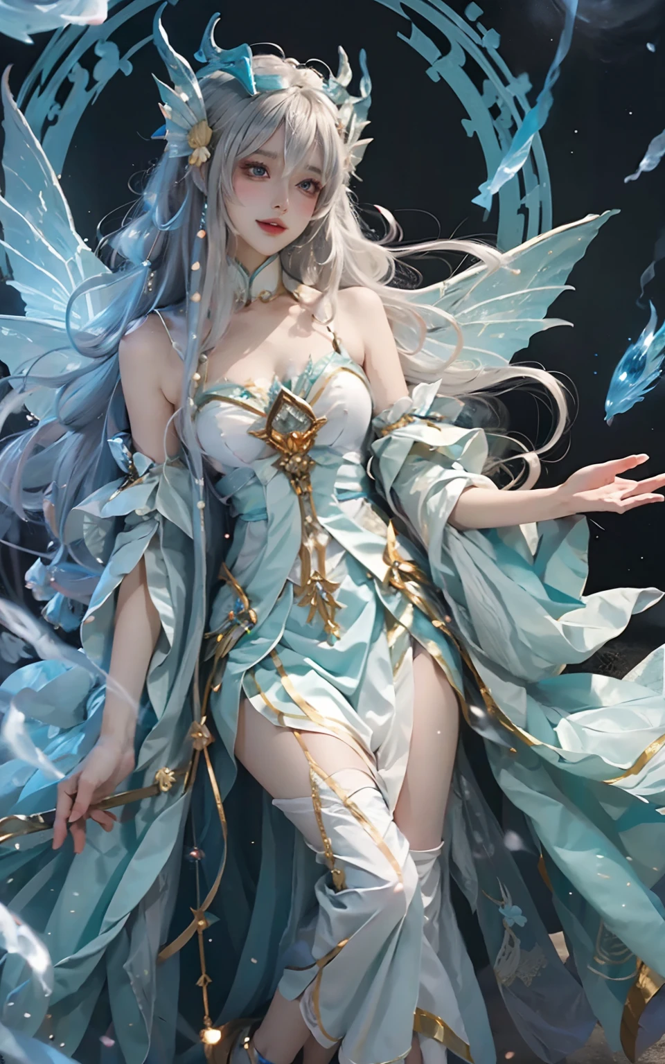 Close-up of women in costumes on stage, full body fairy, beautiful celestial mage, stunning young ethereal characters, beautiful fantasy queen, astral witch costume, sand stream, flowing magic robe, white hanfu, fairy fantasy, beauty Delfin, ethereal fantasy, elegant and charming cosplay, Hirase Jinyao, charming and colorful, very coquettish
