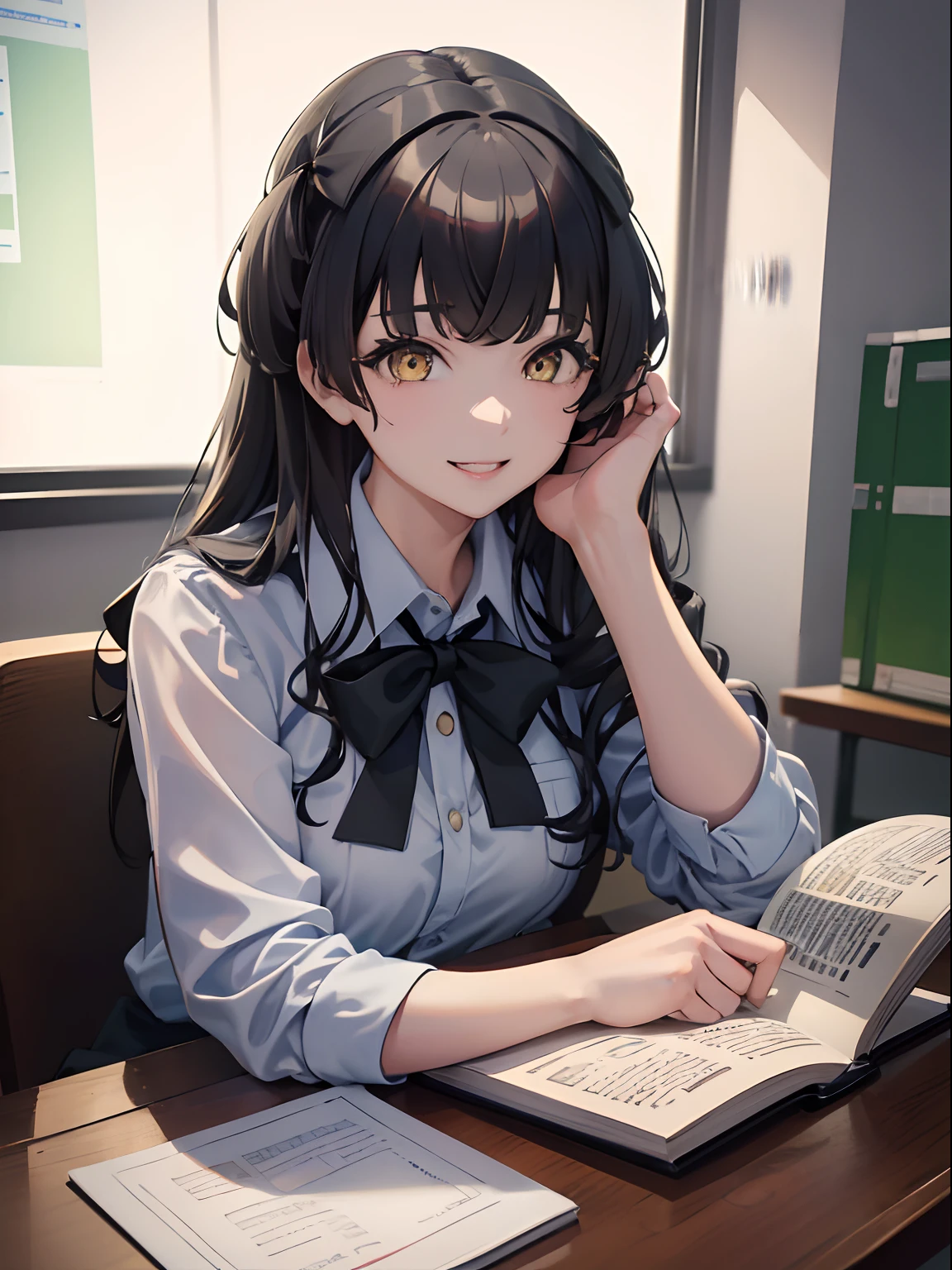 masterpiece, best quality, 1girl, black hair, ,yellow eyes, school uniform, classroom, smiling, reading a book, detailed eyes, detailed facial features, realistic and high resolution (best quality, 4k, 8k, highres, masterpiece:1.2)