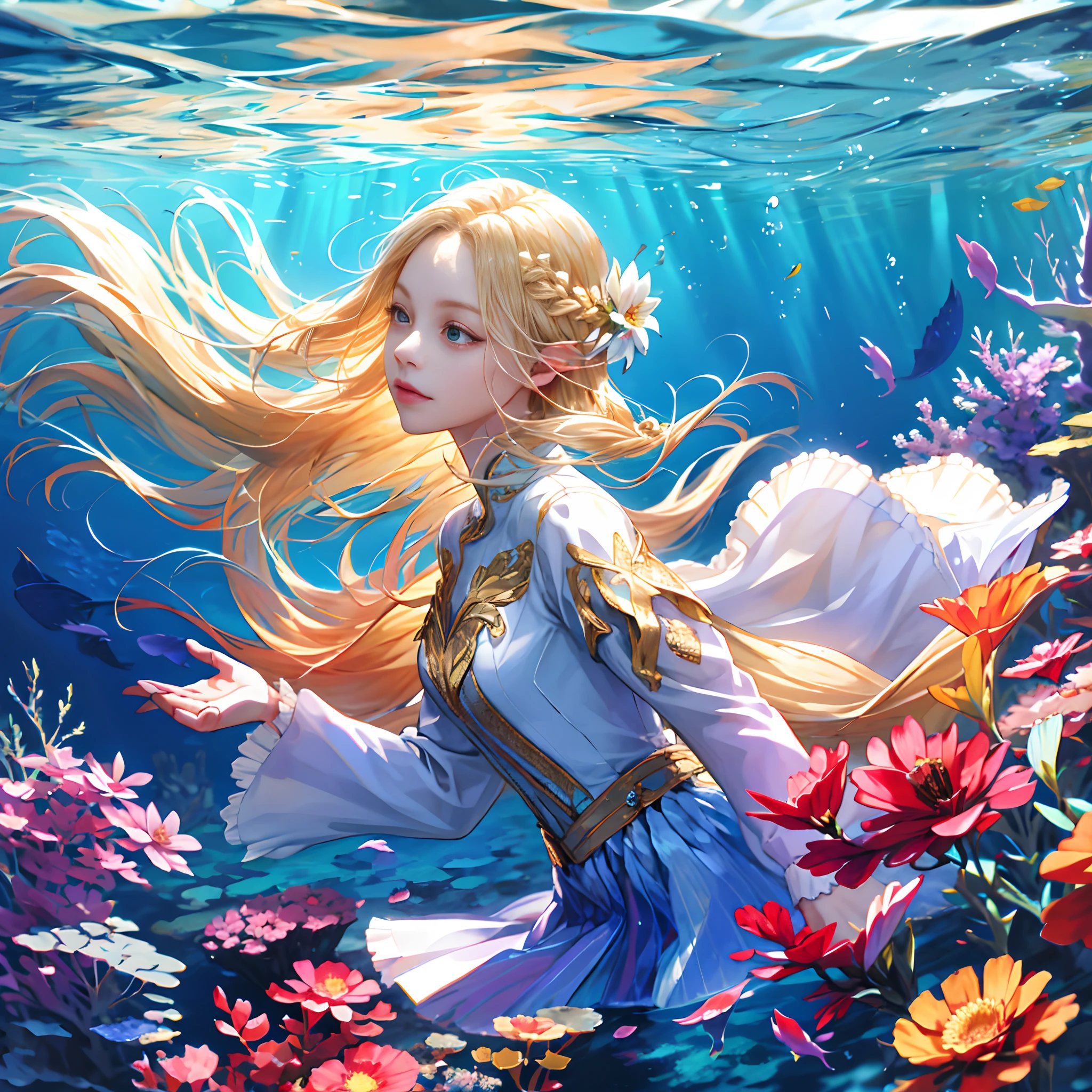 (absurdres, highres, ultra detailed), 1girl, solo, mature, (long blonde hair), fanasy, long sleeve, elegant, holy, colorful, highest detailed, underwater, floating hair, flower, looking back, upper body