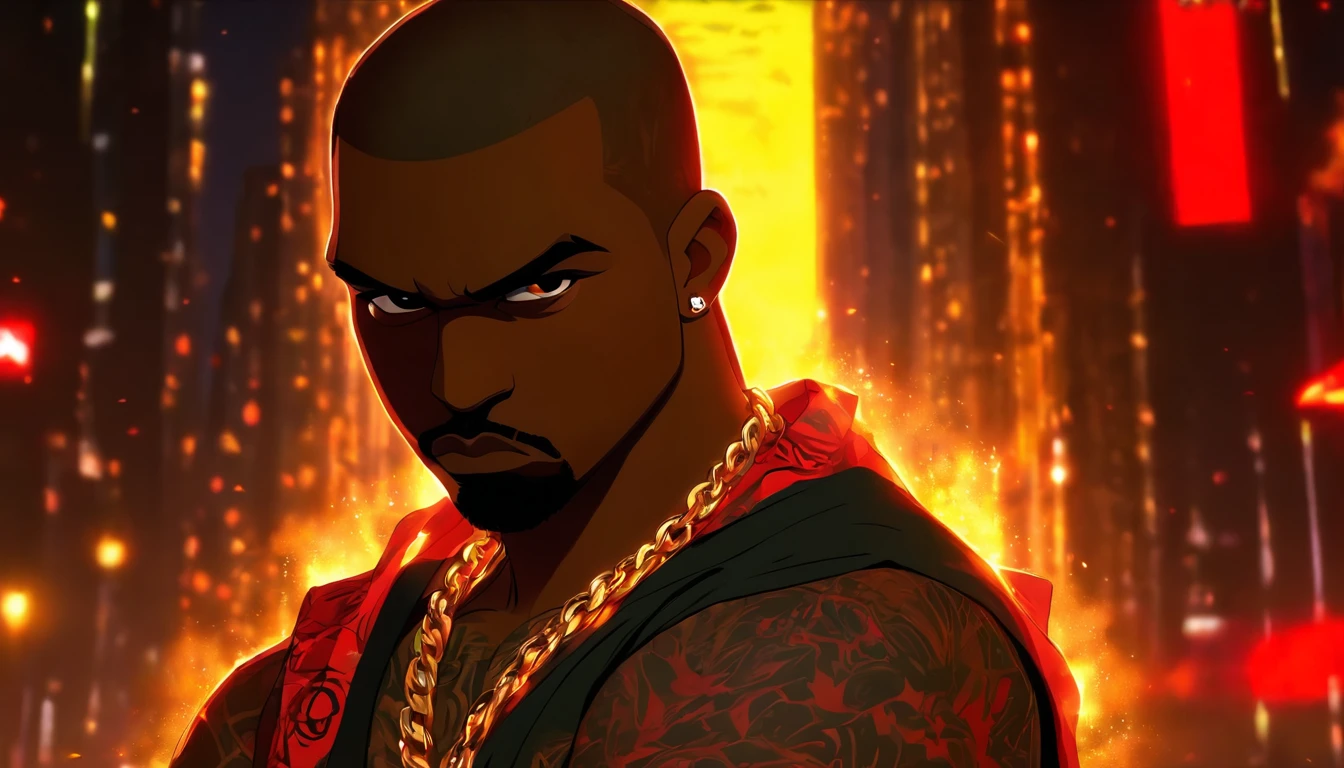 Kanye West with his arms crossed, not shirt, Tatuado,magro, Gold chain around his hip hop style neck, red hair, Sobrancelhas vermelhas, cavanhaque vermelho, GTAV Estilo dos desenhos animados, com fundo vermelho, com raios azuis, estilo dos desenhos animados, foco no fundo dos desenhos animados.