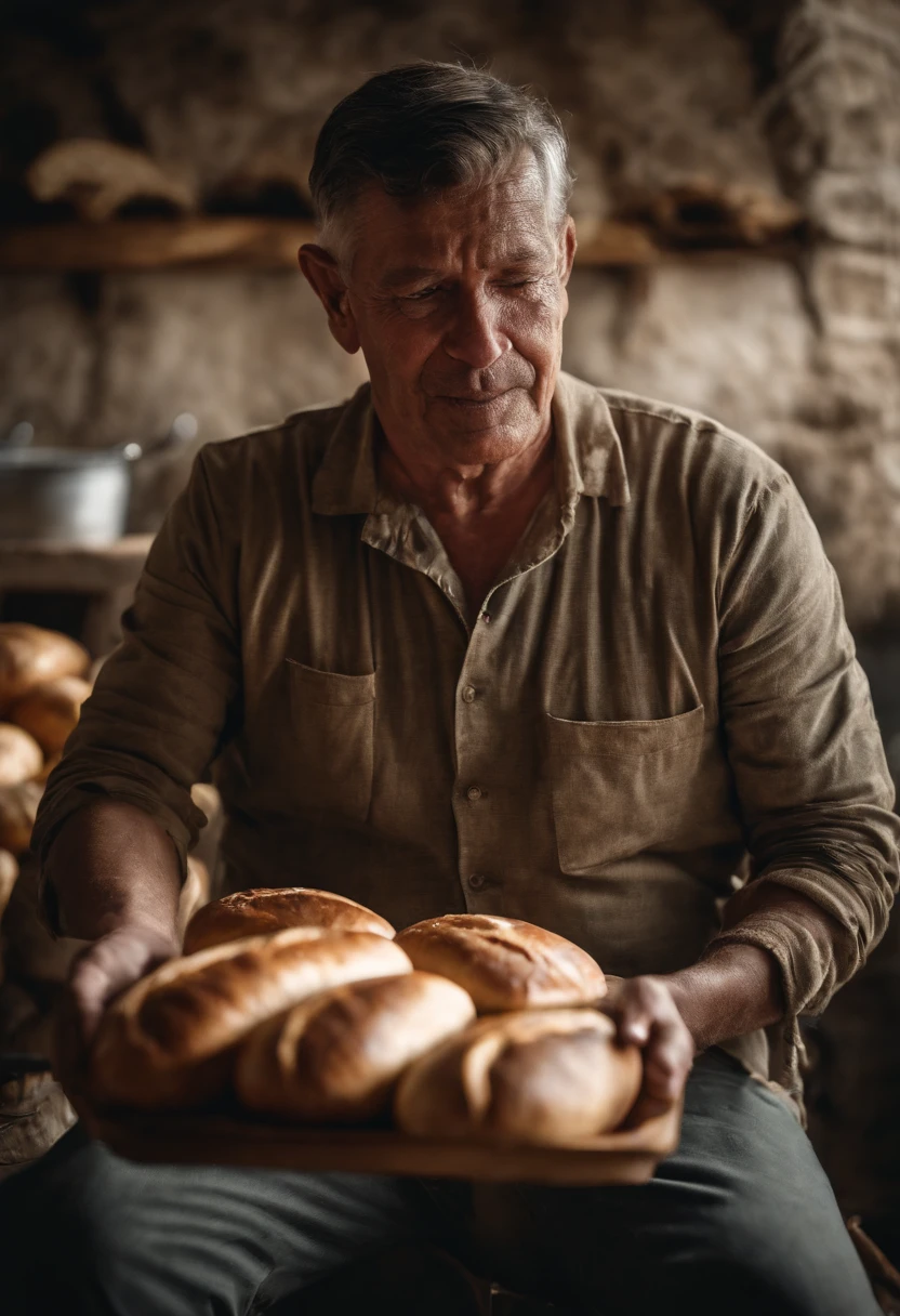 Show the life of a bread man holding a bread Friday and several loaves behind him