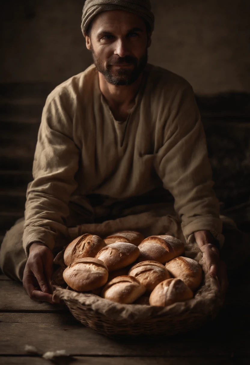 Show the life of a bread man holding a bread Friday and several loaves behind him