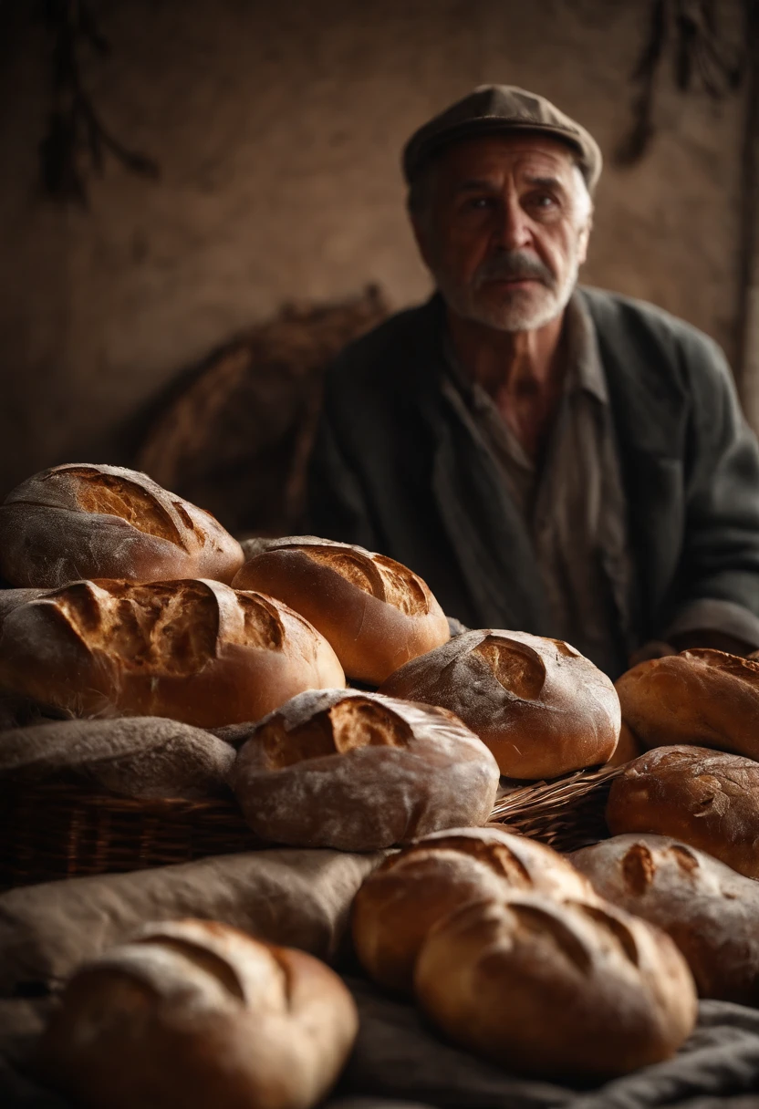 Show the life of a bread man holding a bread Friday and several loaves behind him
