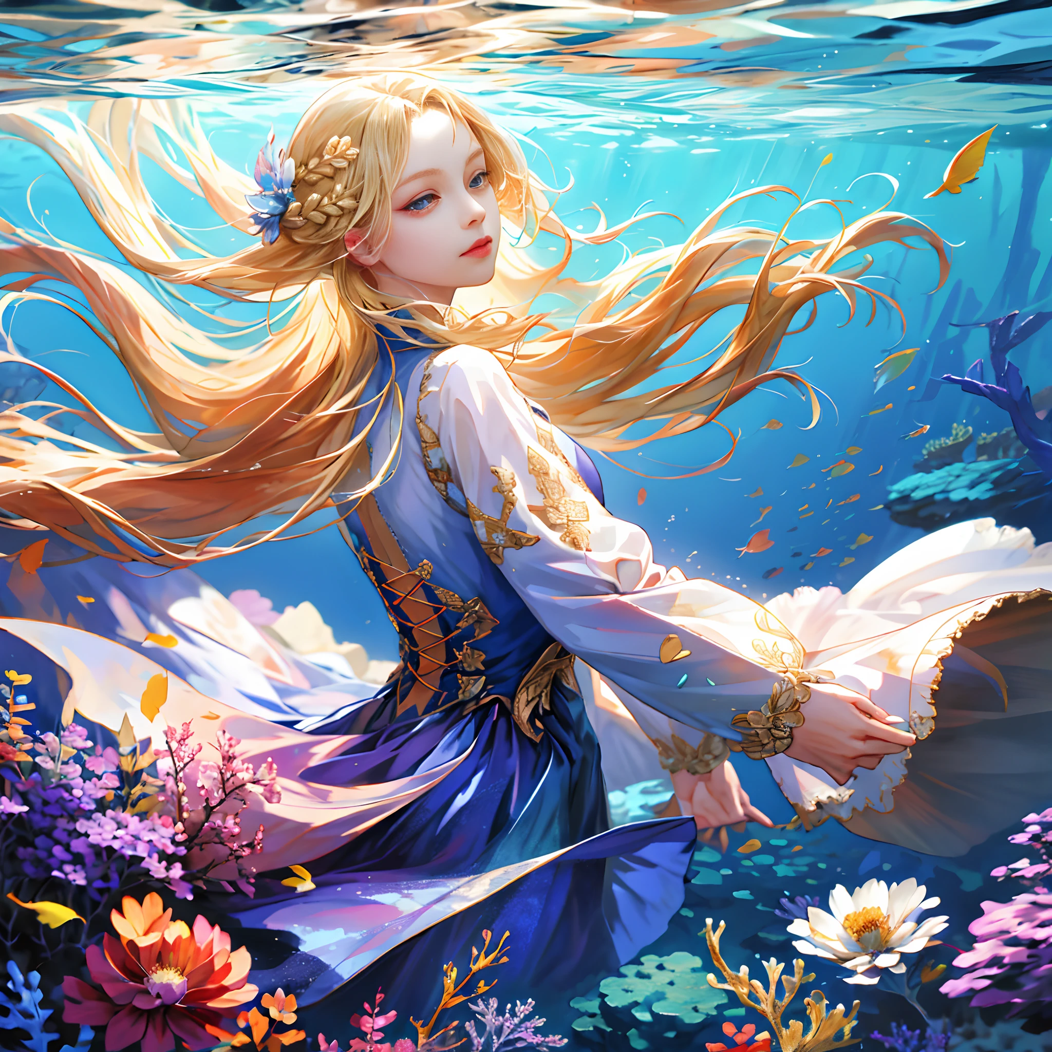 (absurdres, highres, ultra detailed), 1girl, solo, mature, (long blonde hair), fanasy, long sleeve, elegant, holy, colorful, highest detailed, underwater, floating hair, flower, looking back, upper body