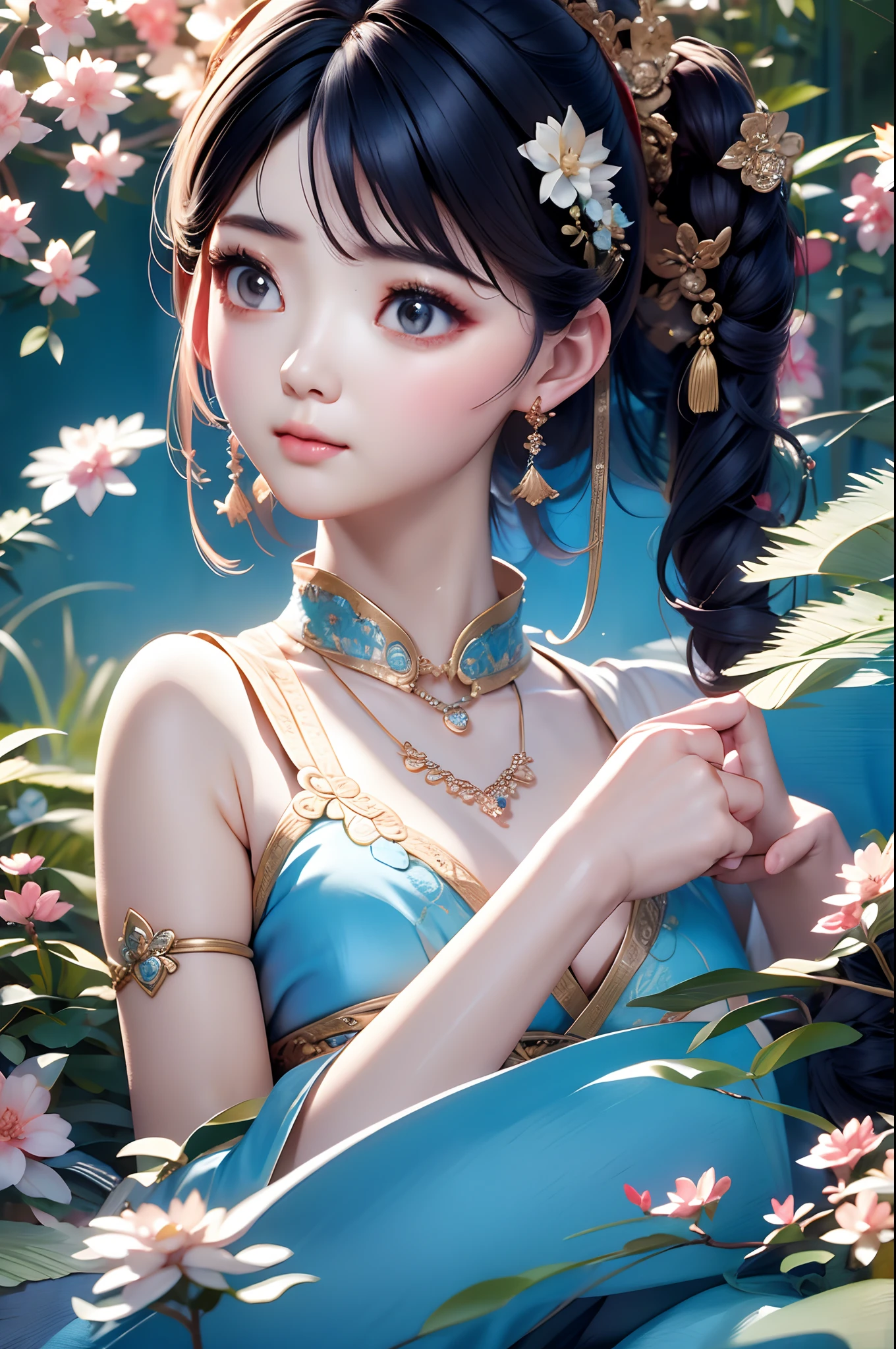 Close-up of a woman wearing a light blue slip dress necklace, Chinese style, Chinese girl, Beautiful character painting, Guviz-style artwork, Palace ， A girl in Hanfu, Beautiful rendering of the Tang Dynasty, Realistic anime 3 D style, trending on cgstation, 8K high quality detailed art, Princesa chinesa antiga, Chinese woman, Guviz